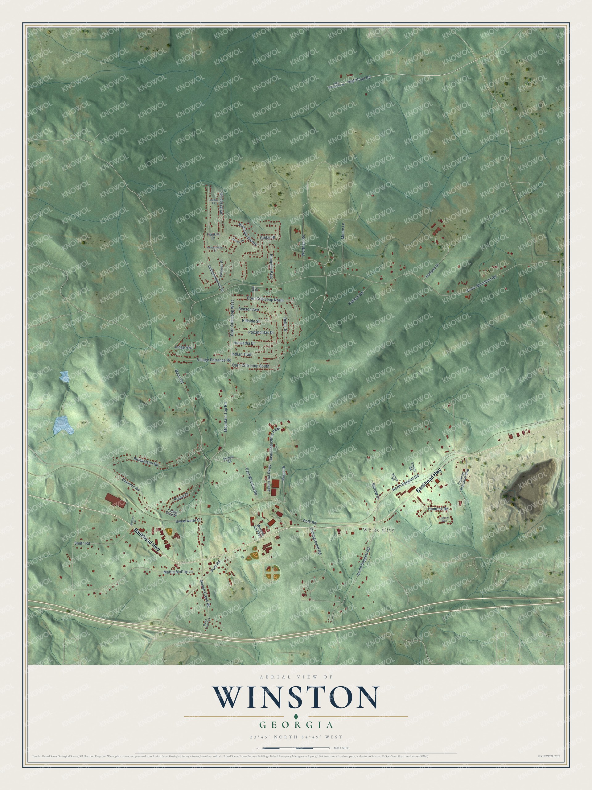 Full map of Winston, Georgia, with red buildings, printed street names and the land around them