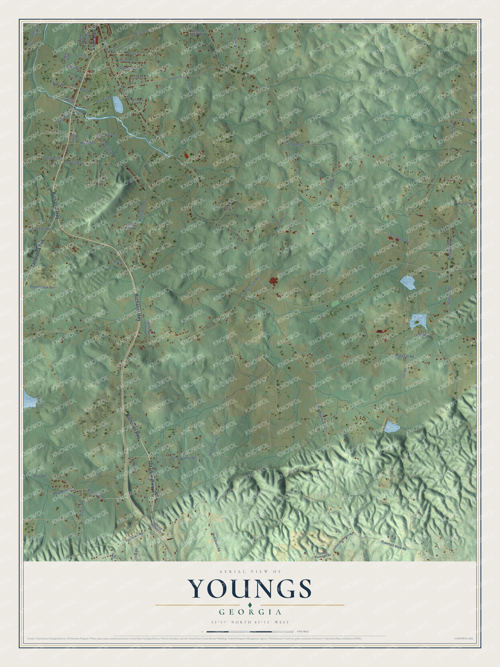 Full map of Youngs, Georgia, with red buildings, printed street names and the land around them