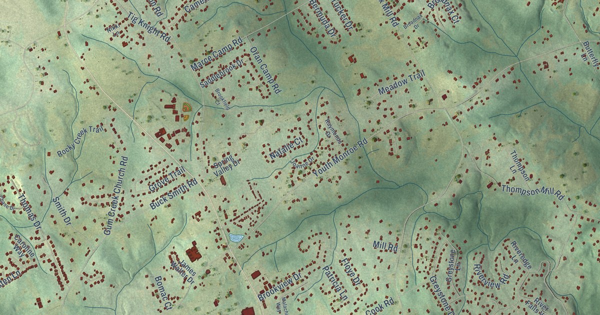 Close-up of streets and buildings in Youth, Georgia