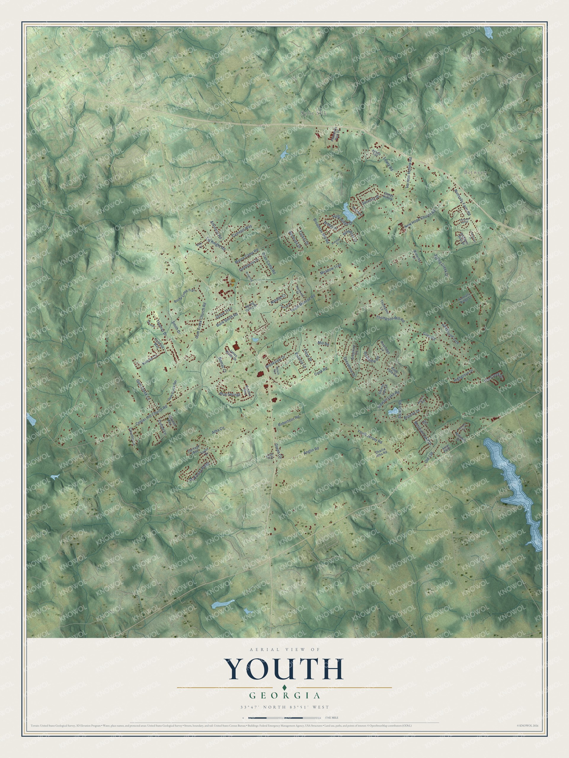 Full map of Youth, Georgia, with red buildings, printed street names and the land around them