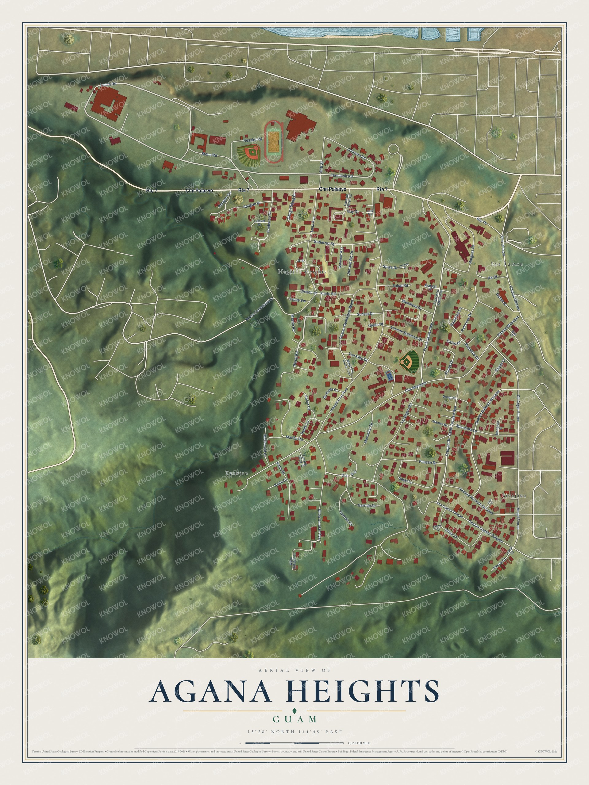 Full map of Agana Heights, Guam, with red buildings, printed street names and the land around them