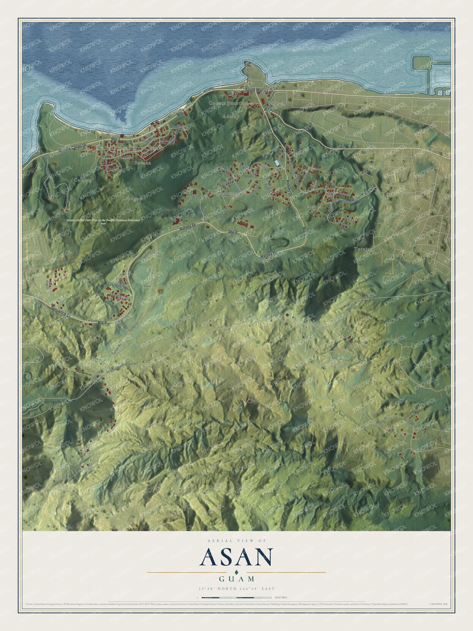 Full map of Asan, Guam, with red buildings, printed street names and the land around them