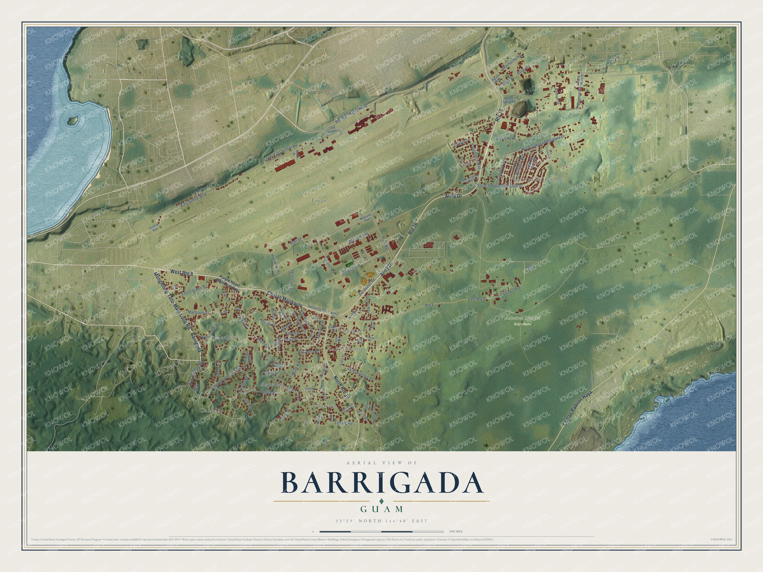 Full map of Barrigada, Guam, with red buildings, printed street names and the land around them