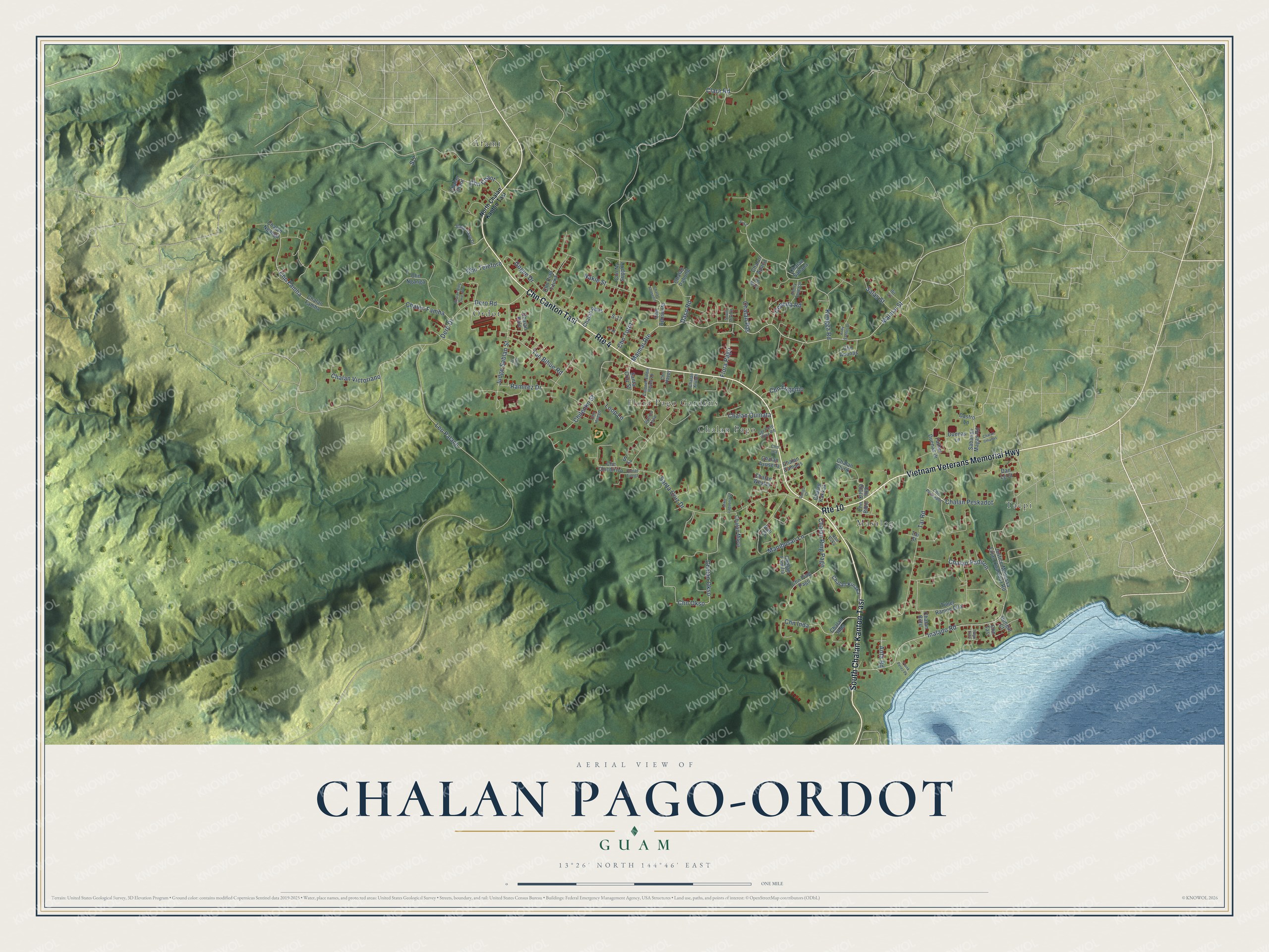 Full map of Chalan Pago-Ordot, Guam, with red buildings, printed street names and the land around them