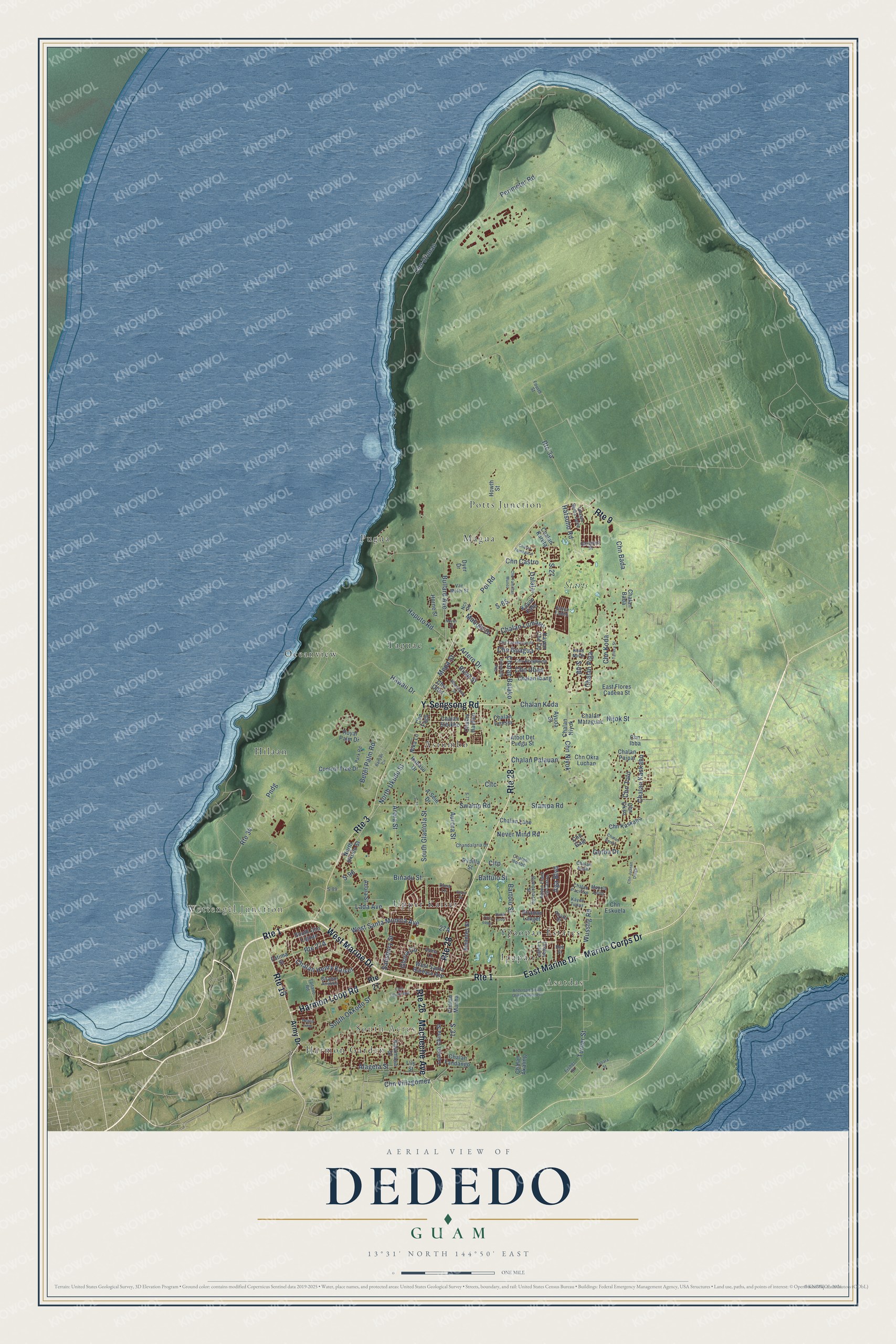 Full map of Dededo, Guam, with red buildings, printed street names and the land around them