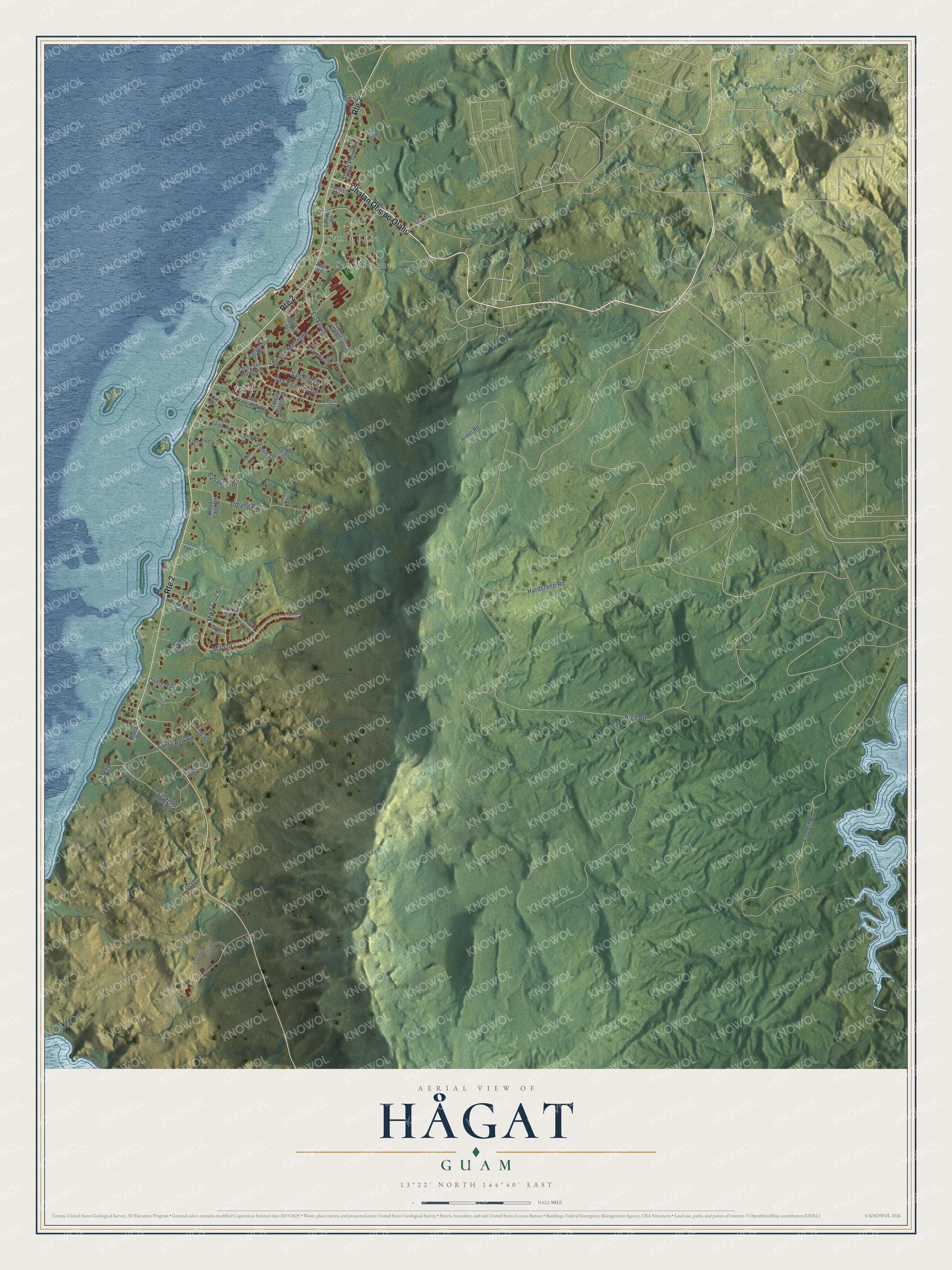 Full map of Hågat, Guam, with red buildings, printed street names and the land around them