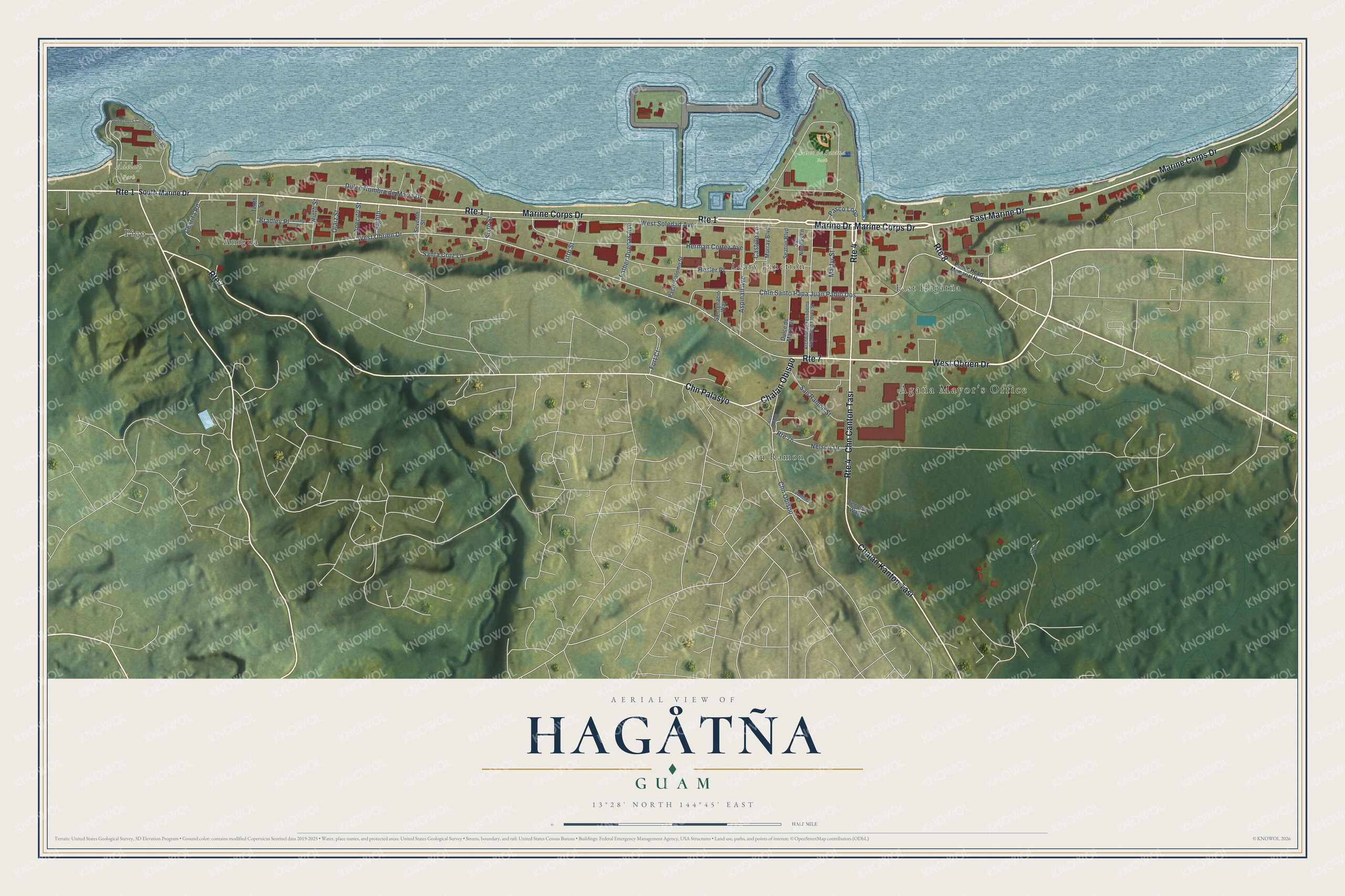Full map of Hagåtña, Guam, with red buildings, printed street names and the land around them