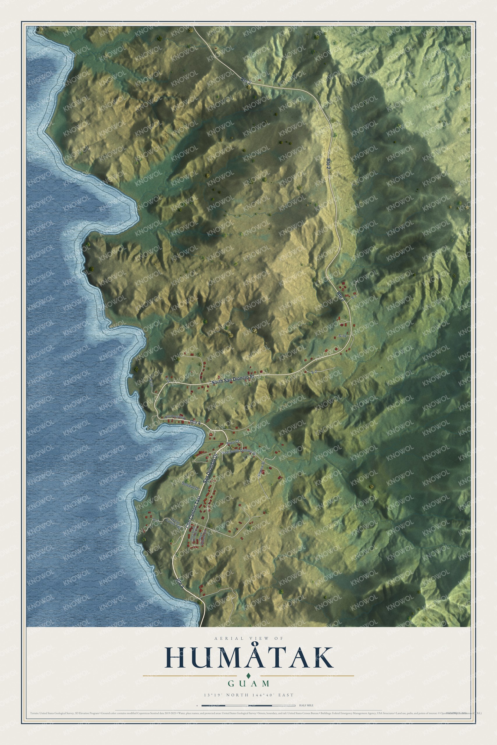 Full map of Humåtak, Guam, with red buildings, printed street names and the land around them
