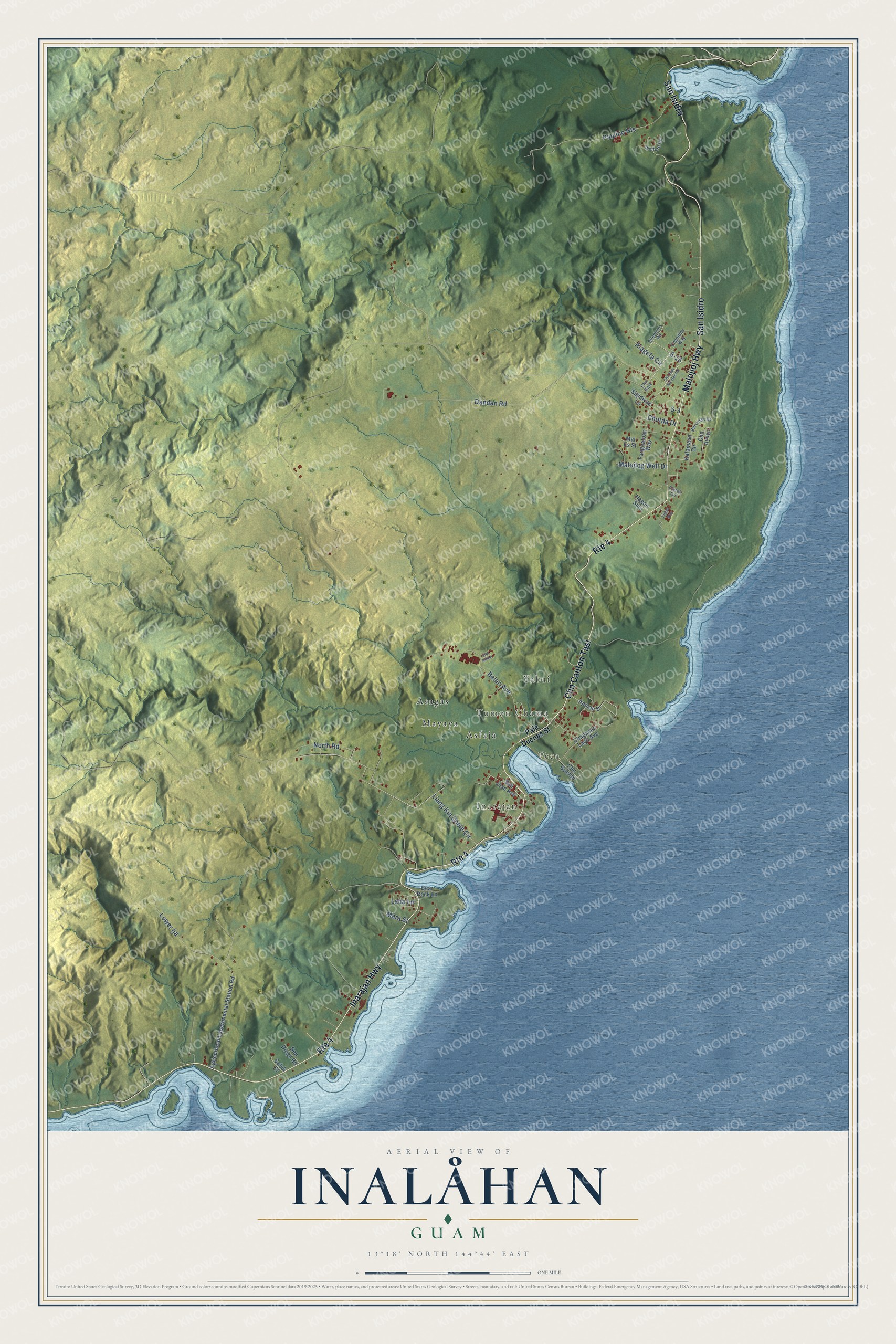 Full map of Inalåhan, Guam, with red buildings, printed street names and the land around them