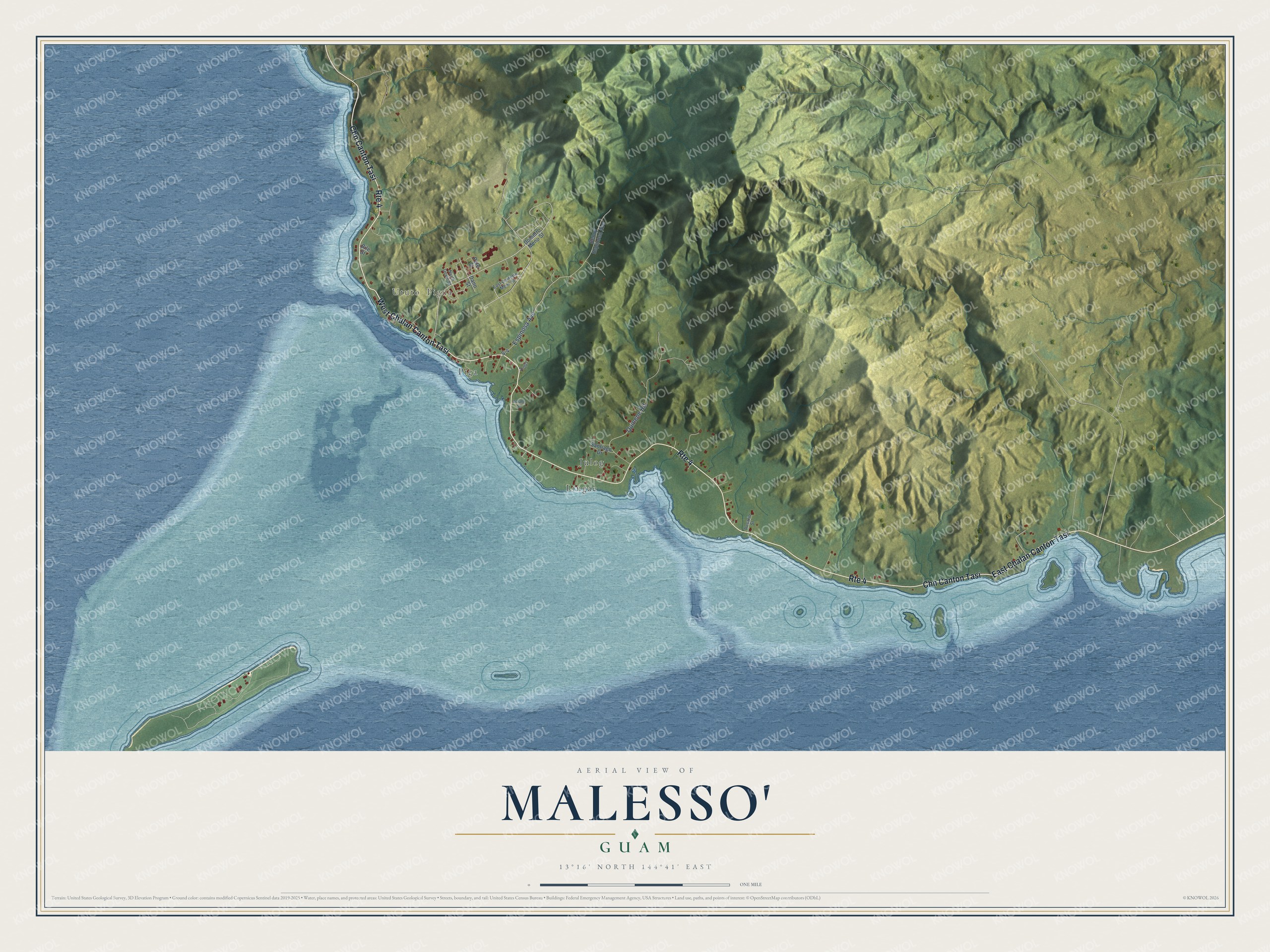 Full map of Malesso', Guam, with red buildings, printed street names and the land around them