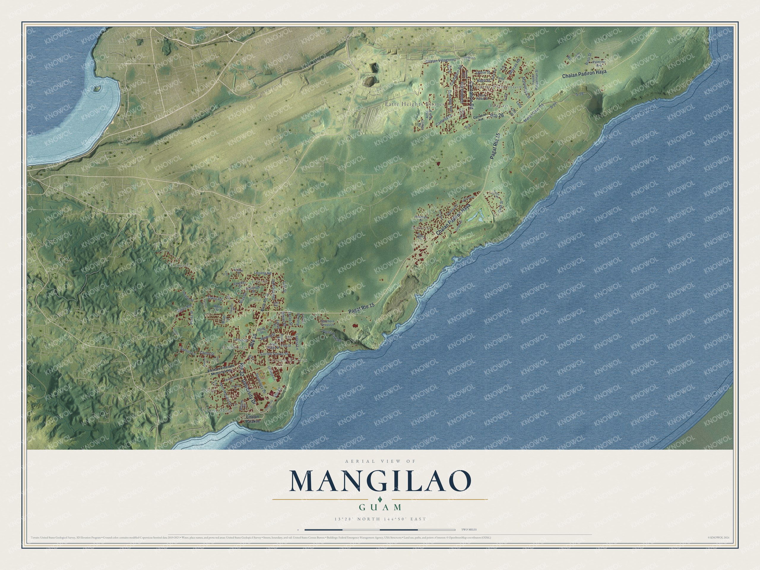 Full map of Mangilao, Guam, with red buildings, printed street names and the land around them