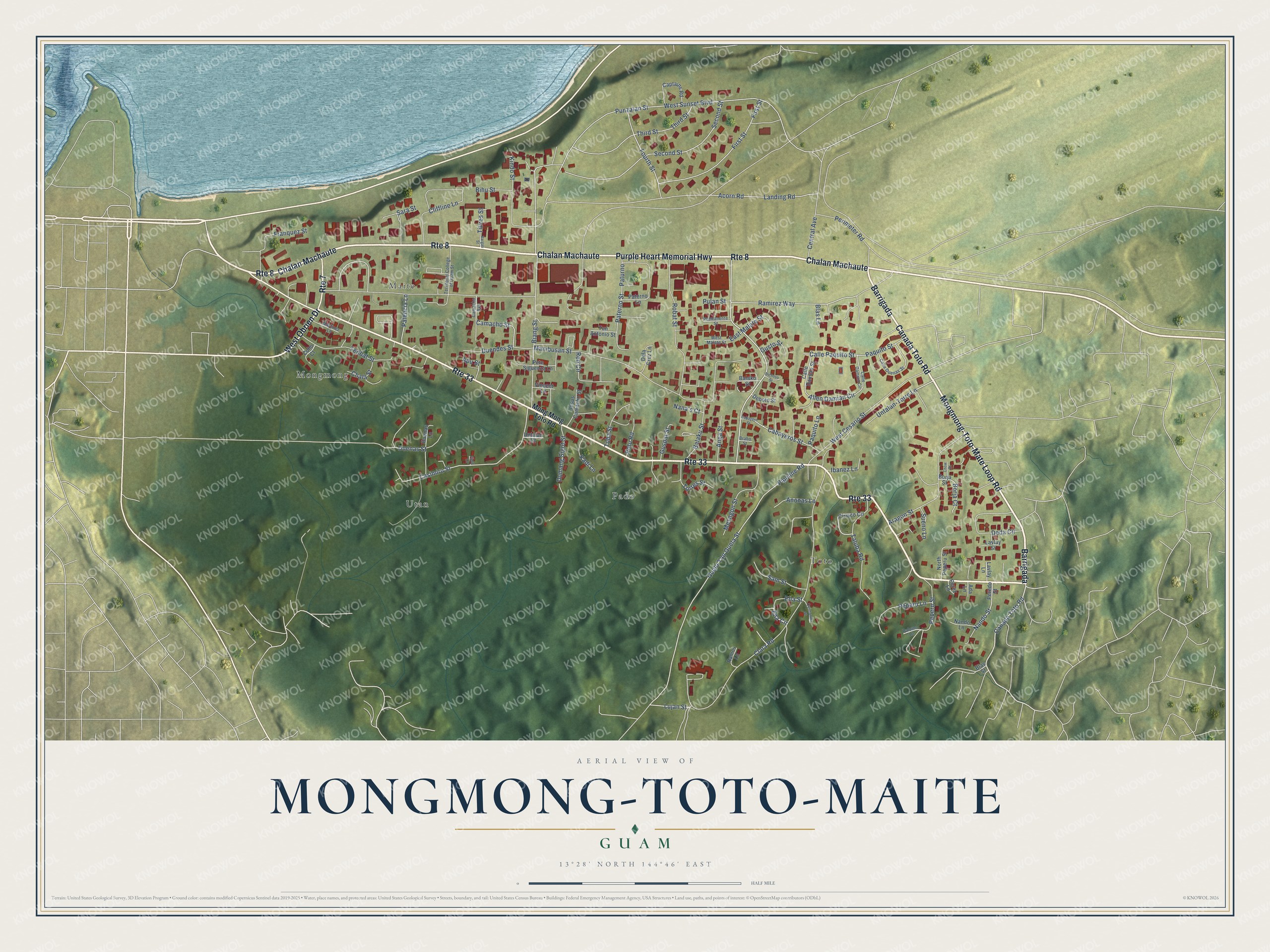 Full map of Mongmong-Toto-Maite, Guam, with red buildings, printed street names and the land around them