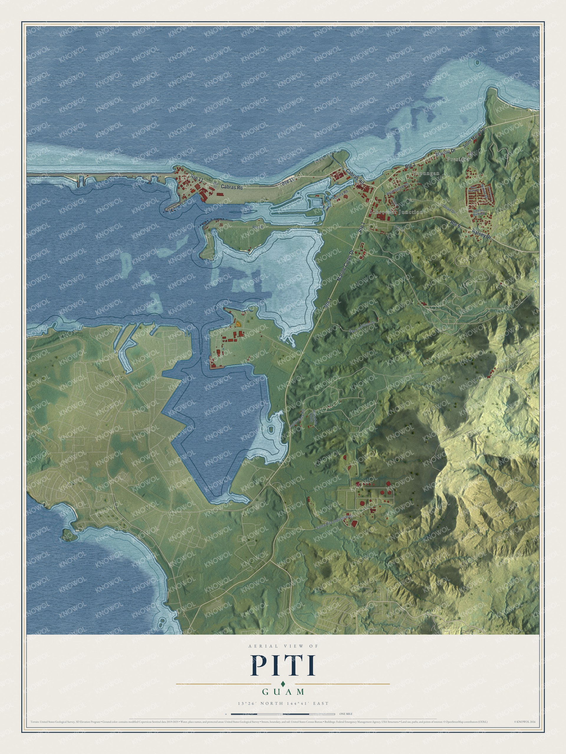 Full map of Piti, Guam, with red buildings, printed street names and the land around them