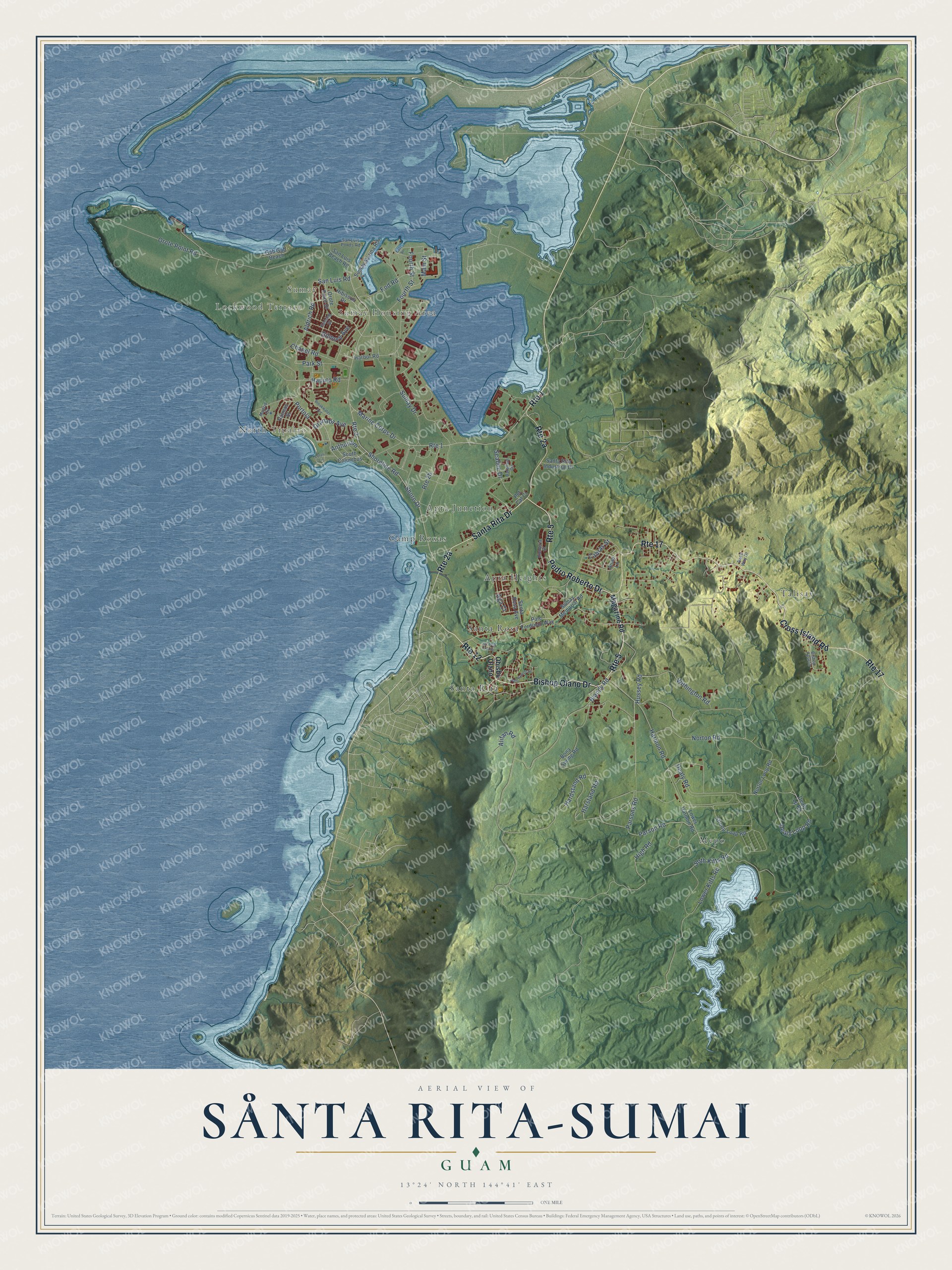 Full map of Sånta Rita-Sumai, Guam, with red buildings, printed street names and the land around them