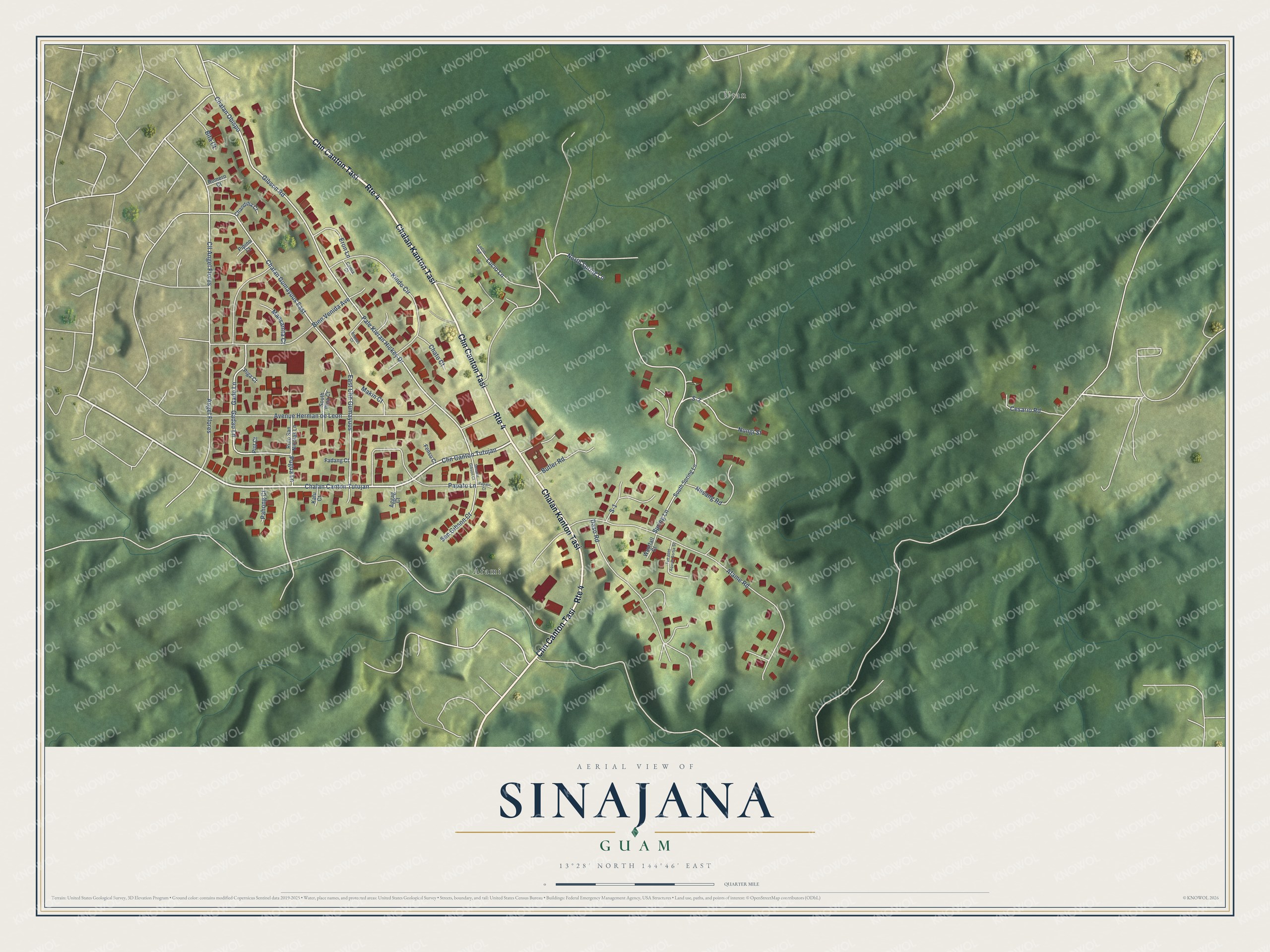 Full map of Sinajana, Guam, with red buildings, printed street names and the land around them
