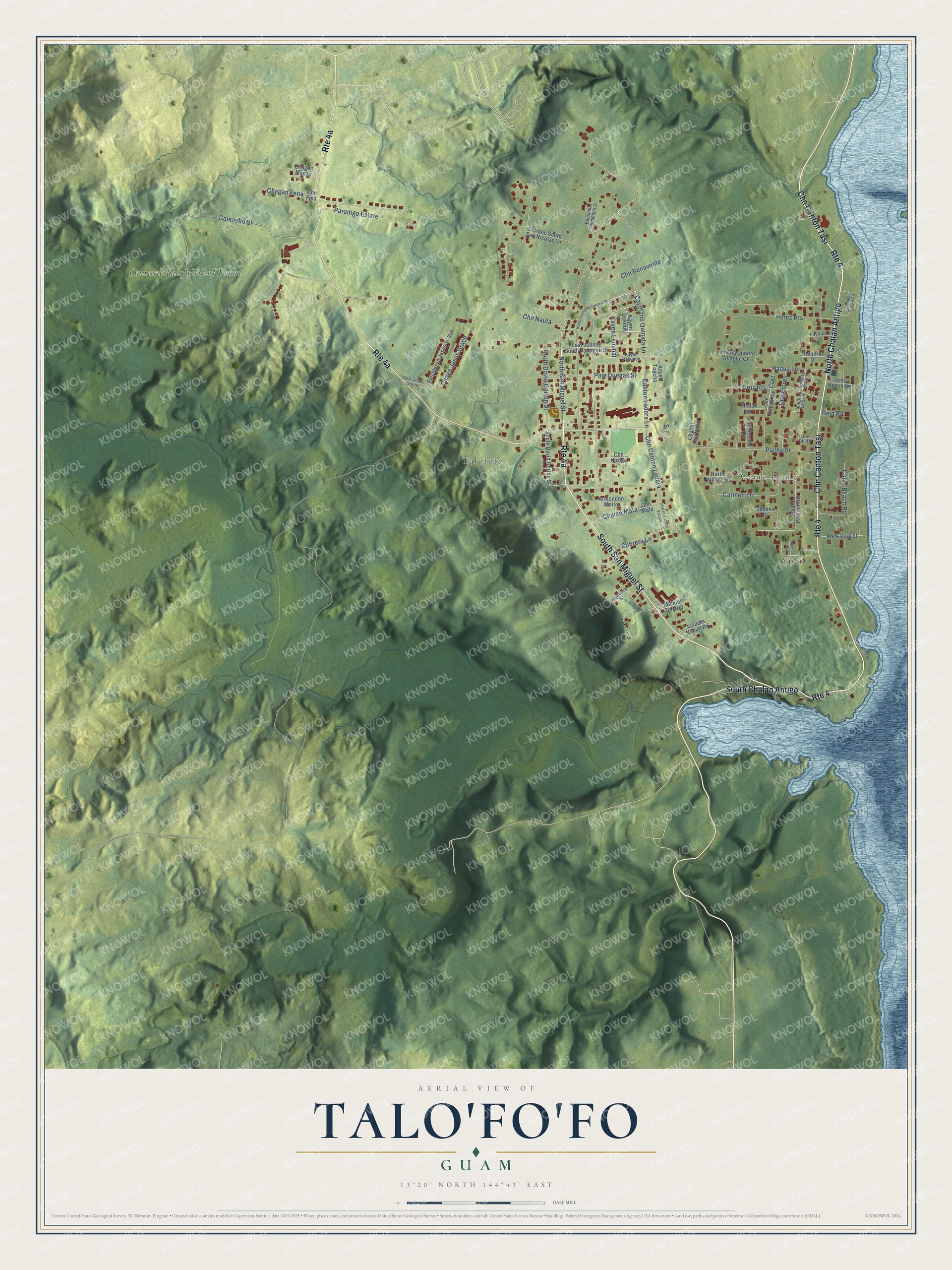 Full map of Talo'fo'fo, Guam, with red buildings, printed street names and the land around them