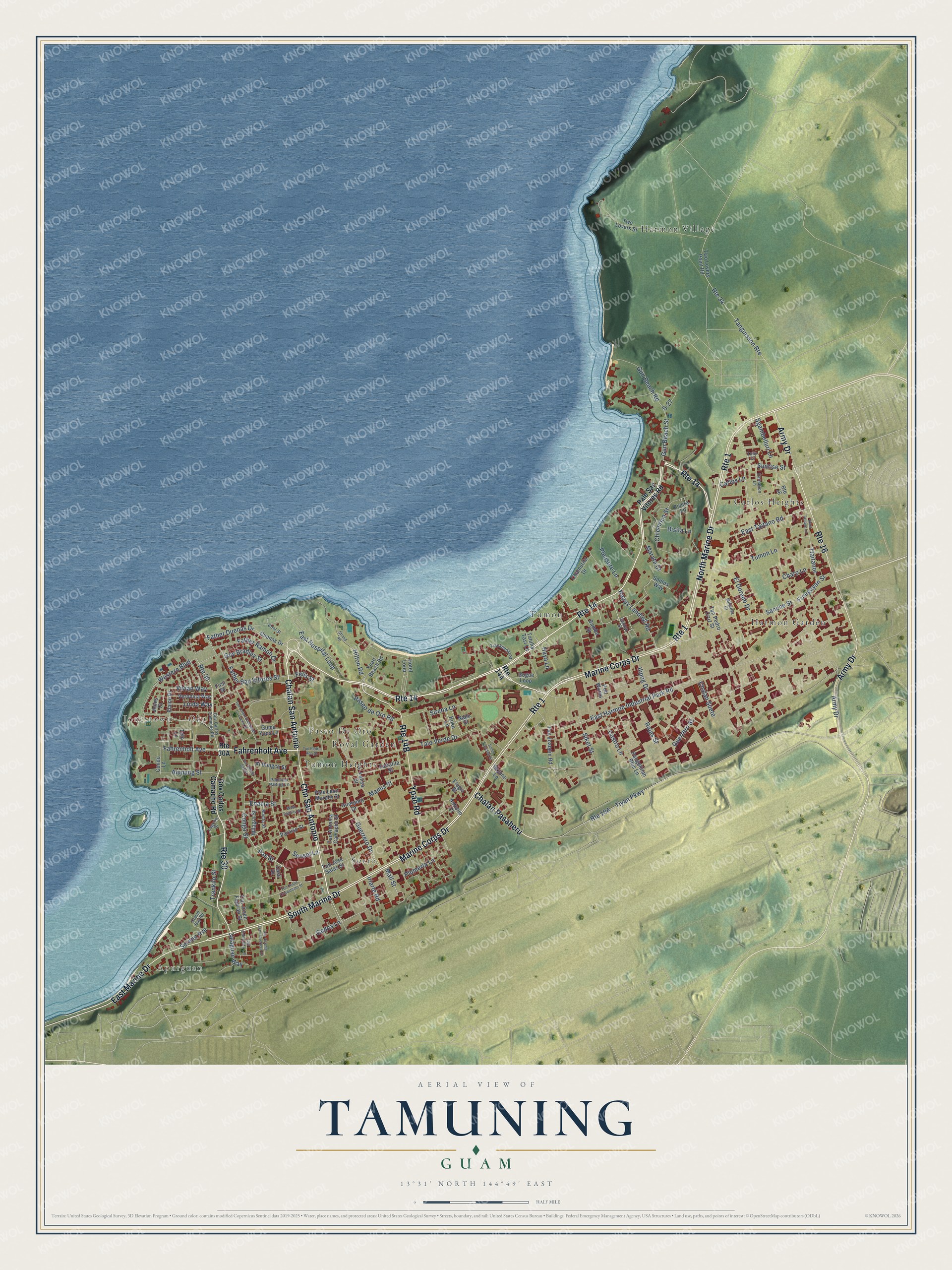 Full map of Tamuning, Guam, with red buildings, printed street names and the land around them