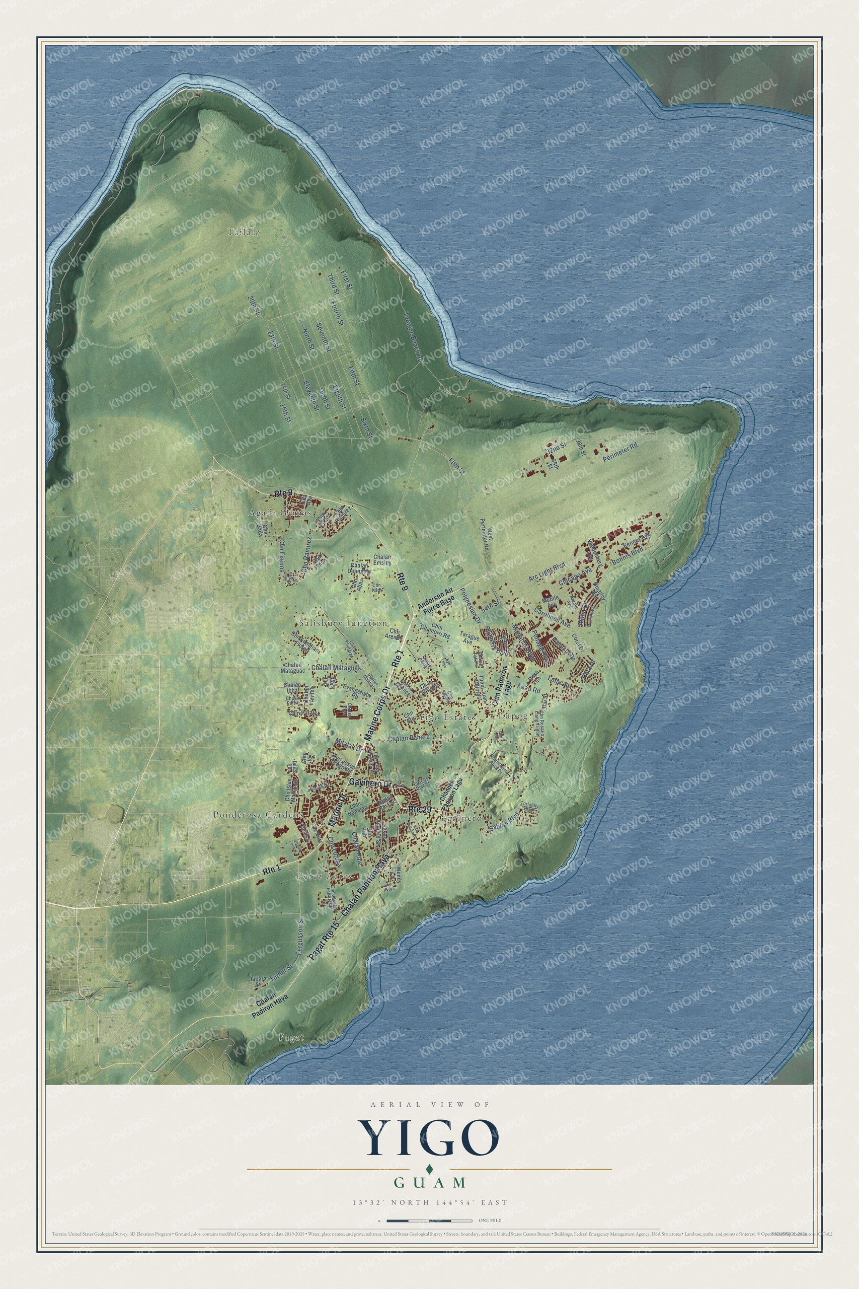 Full map of Yigo, Guam, with red buildings, printed street names and the land around them