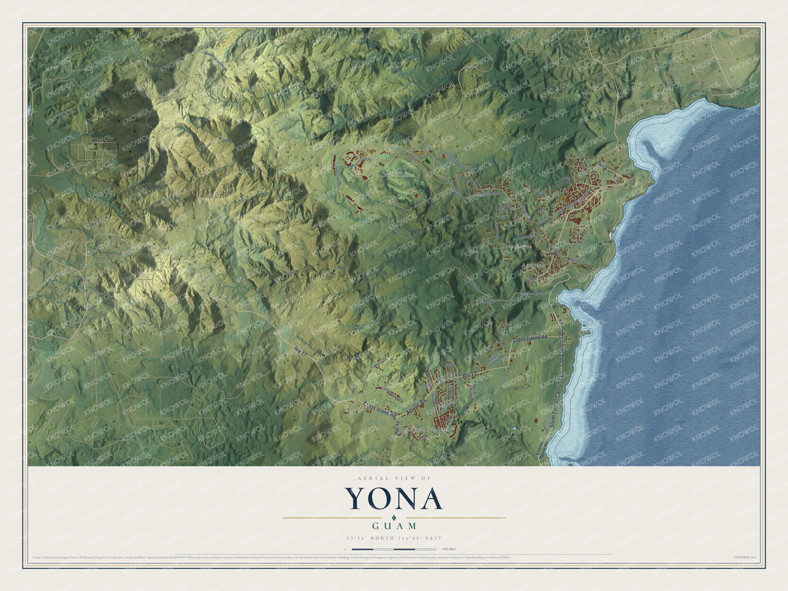 Full map of Yona, Guam, with red buildings, printed street names and the land around them