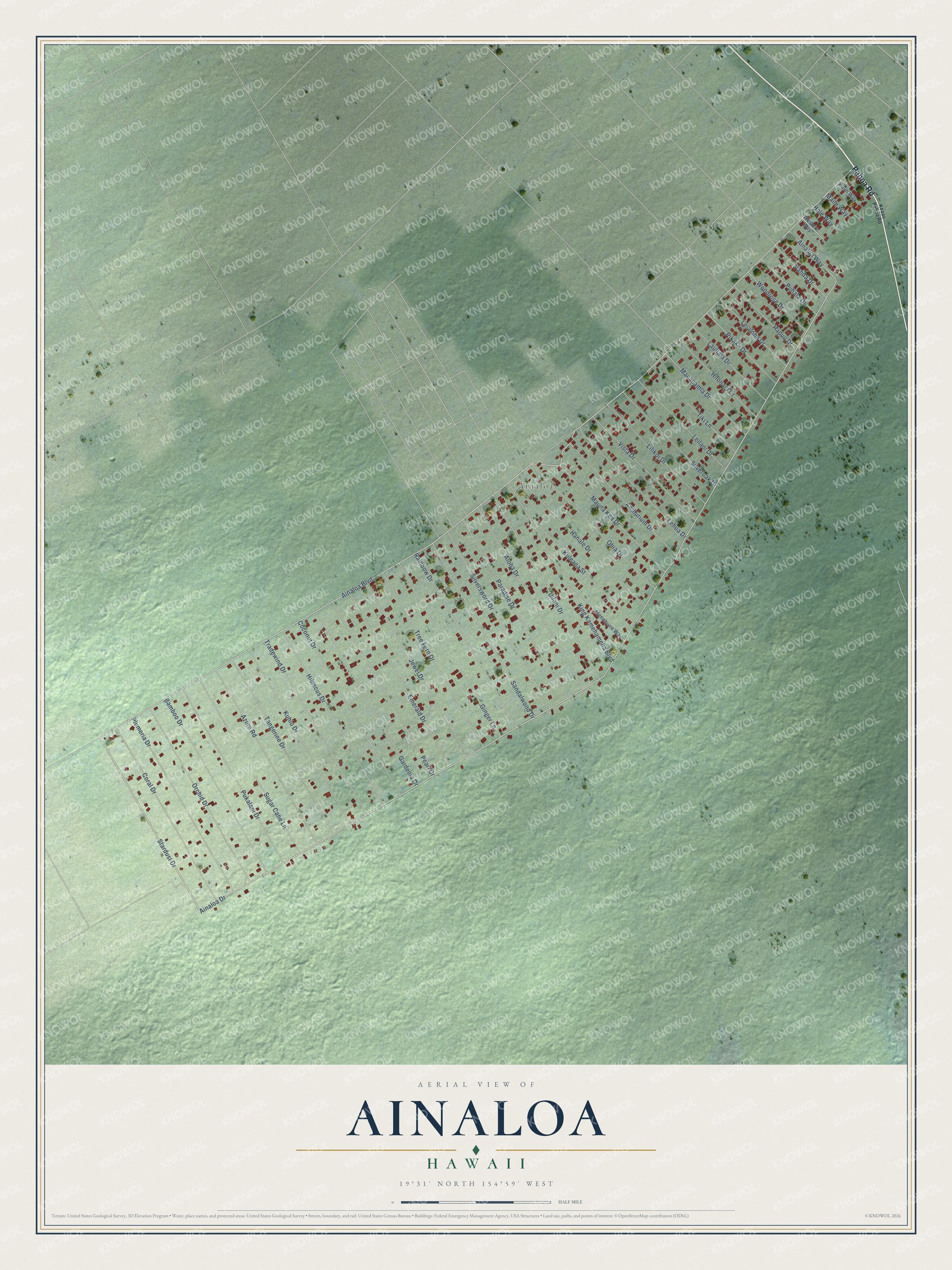 Full map of Ainaloa, Hawaii, with red buildings, printed street names and the land around them