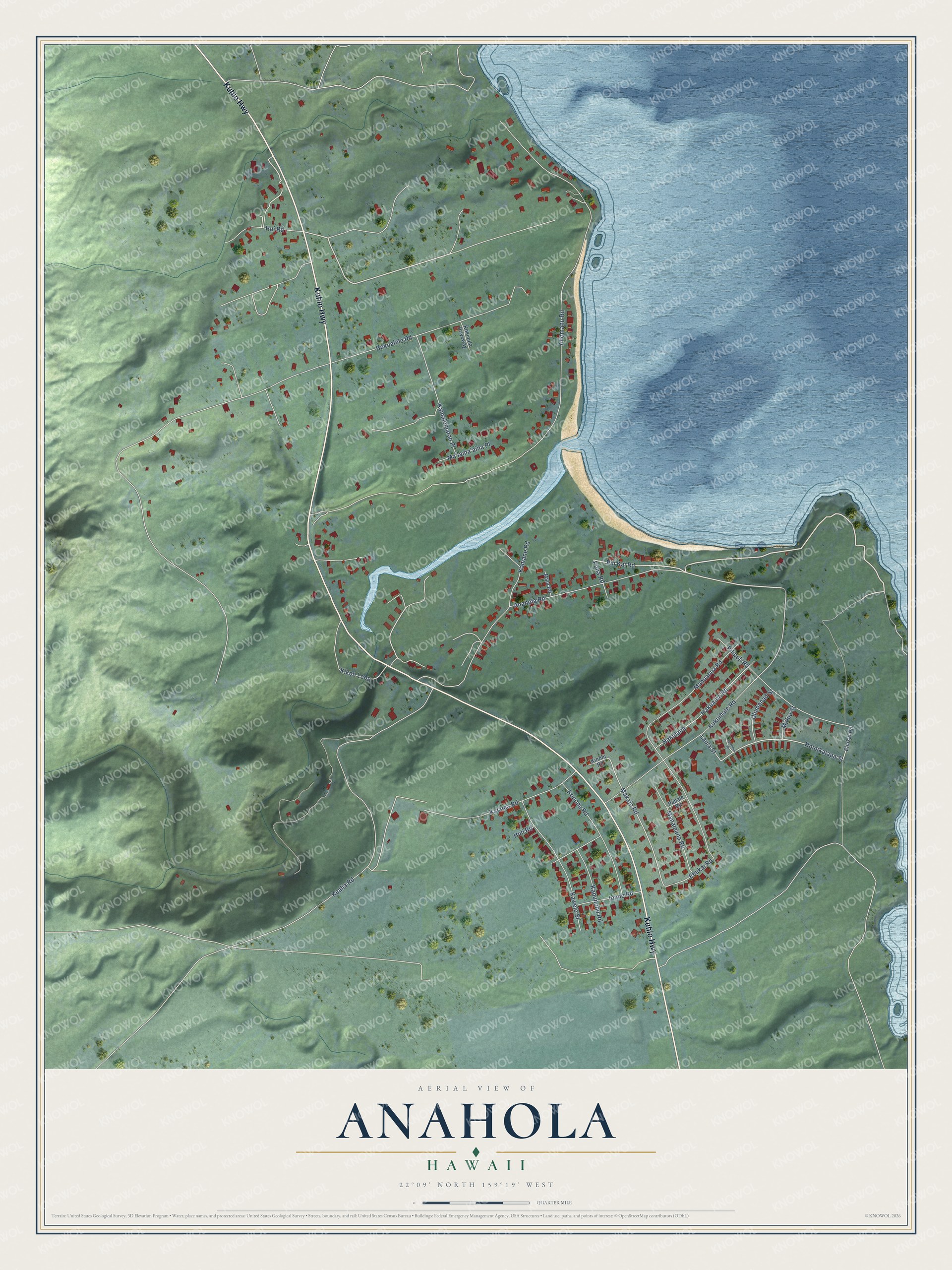 Full map of Anahola, Hawaii, with red buildings, printed street names and the land around them
