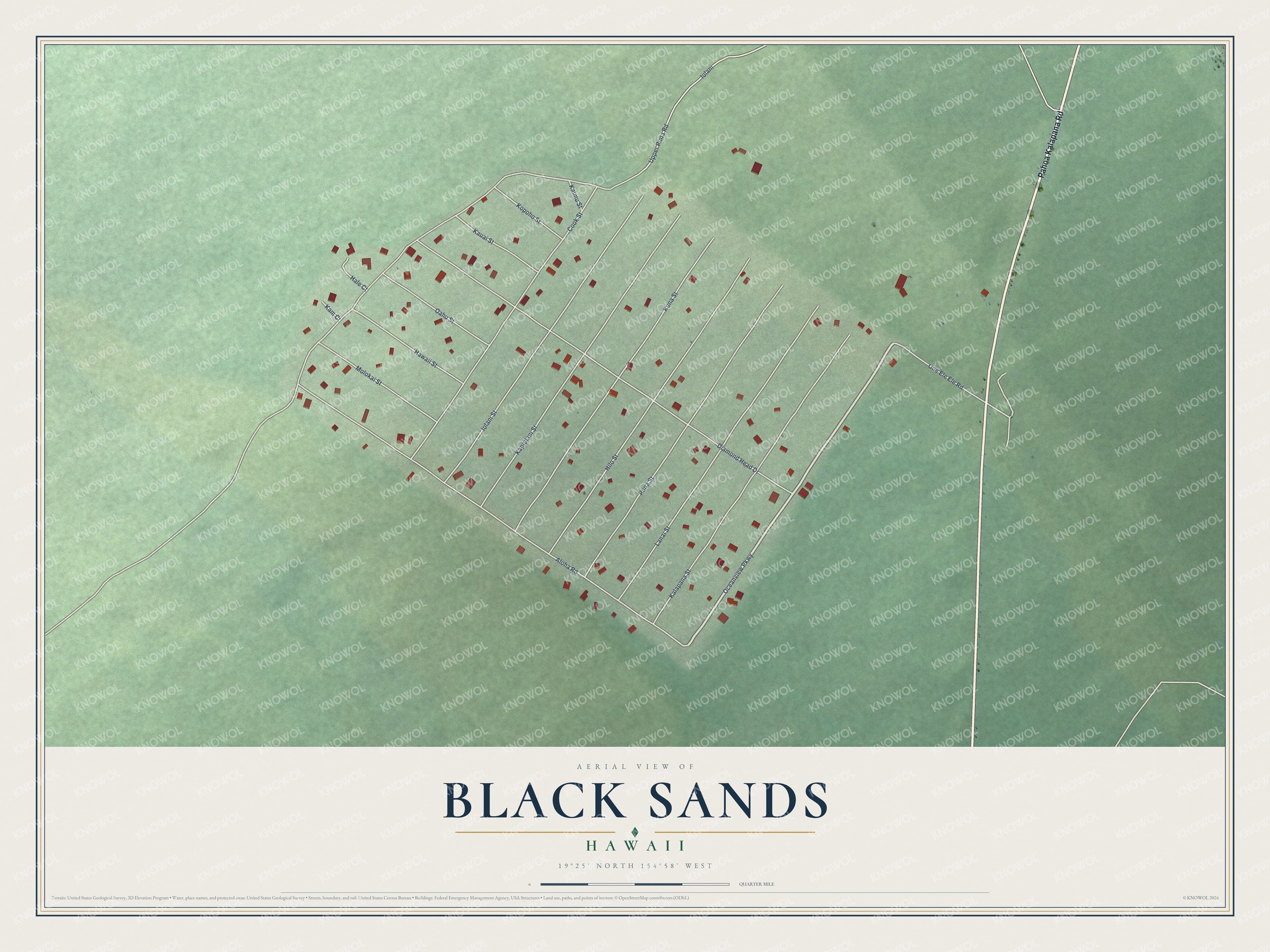 Full map of Black Sands, Hawaii, with red buildings, printed street names and the land around them