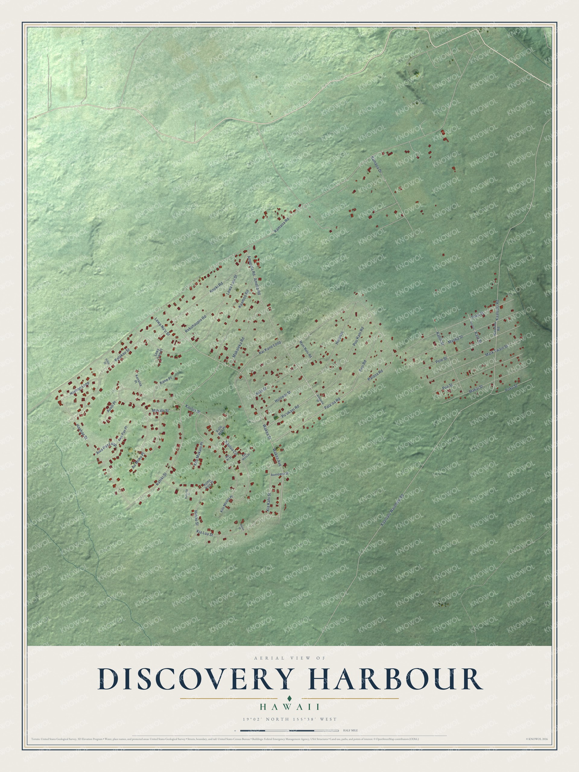 Full map of Discovery Harbour, Hawaii, with red buildings, printed street names and the land around them
