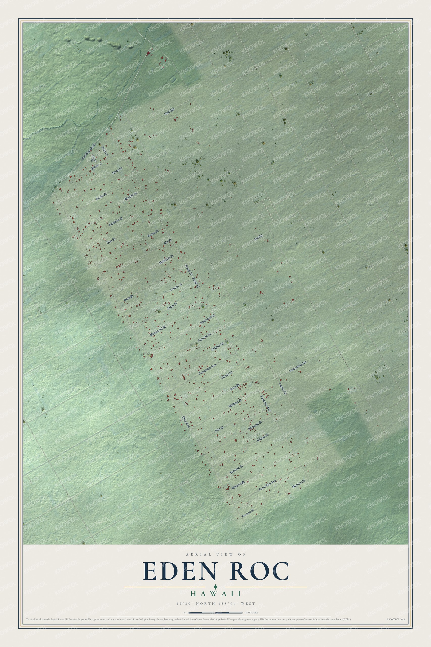 Full map of Eden Roc, Hawaii, with red buildings, printed street names and the land around them