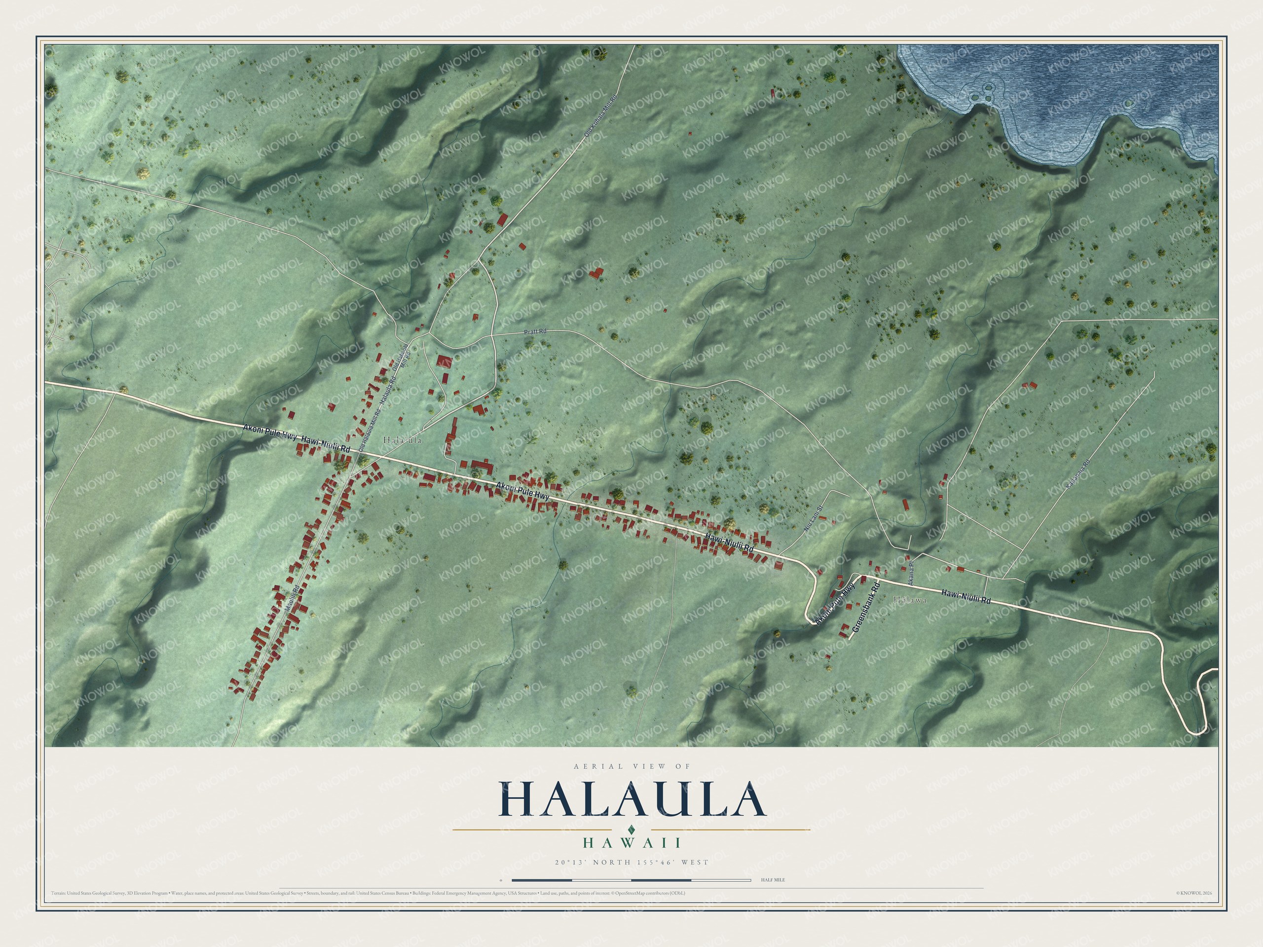 Full map of Halaula, Hawaii, with red buildings, printed street names and the land around them
