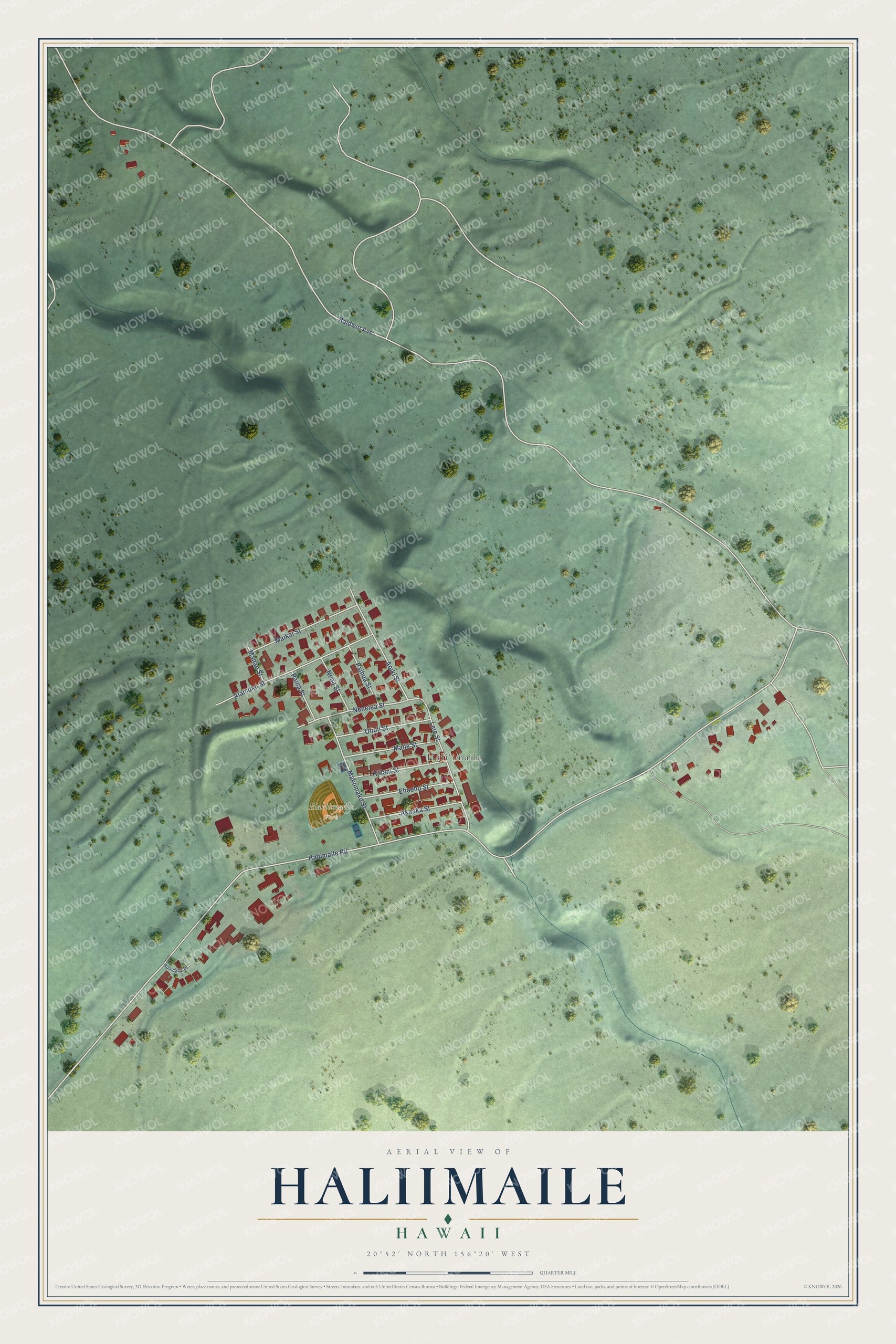 Full map of Haliimaile, Hawaii, with red buildings, printed street names and the land around them