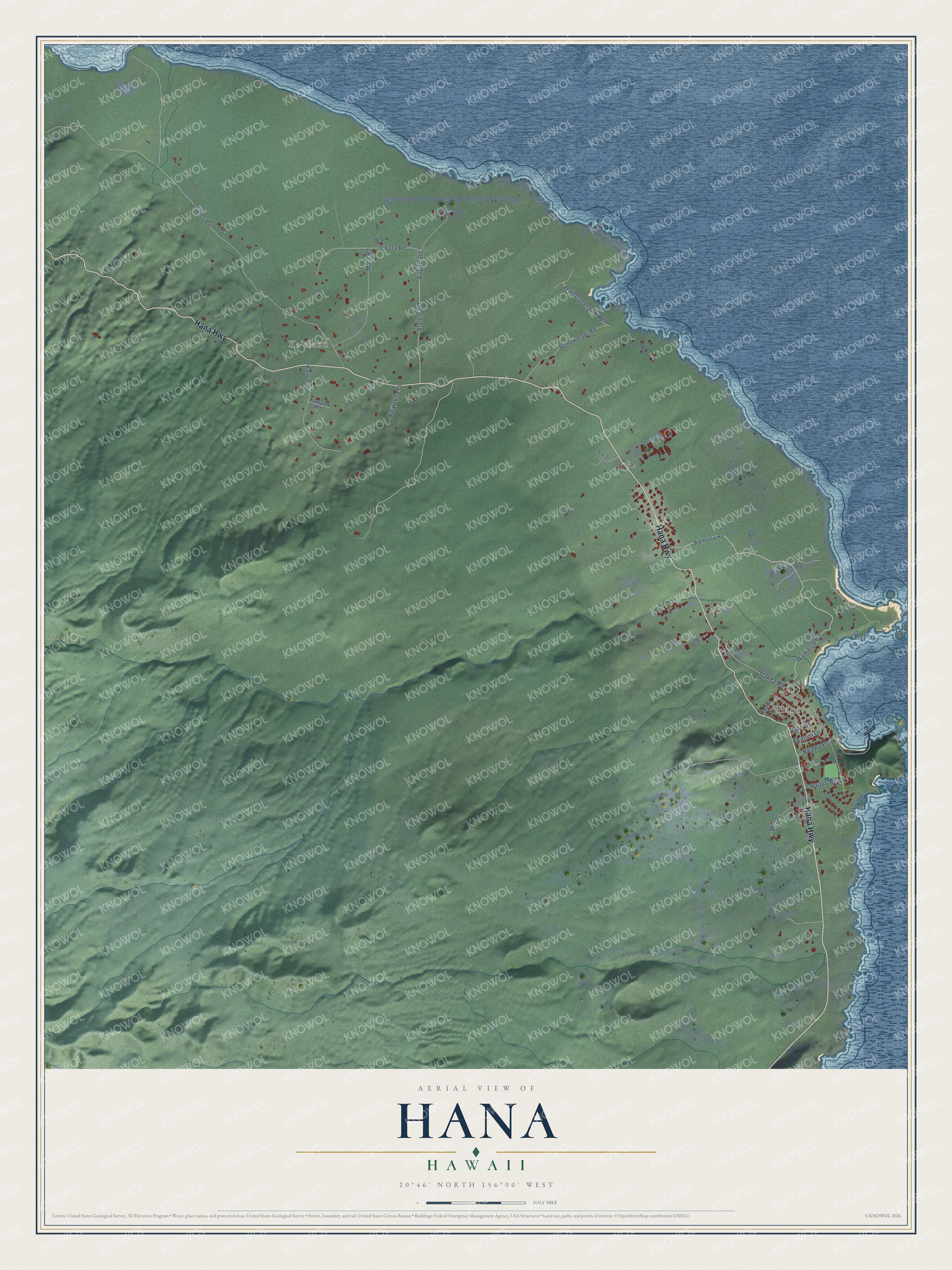Full map of Hana, Hawaii, with red buildings, printed street names and the land around them