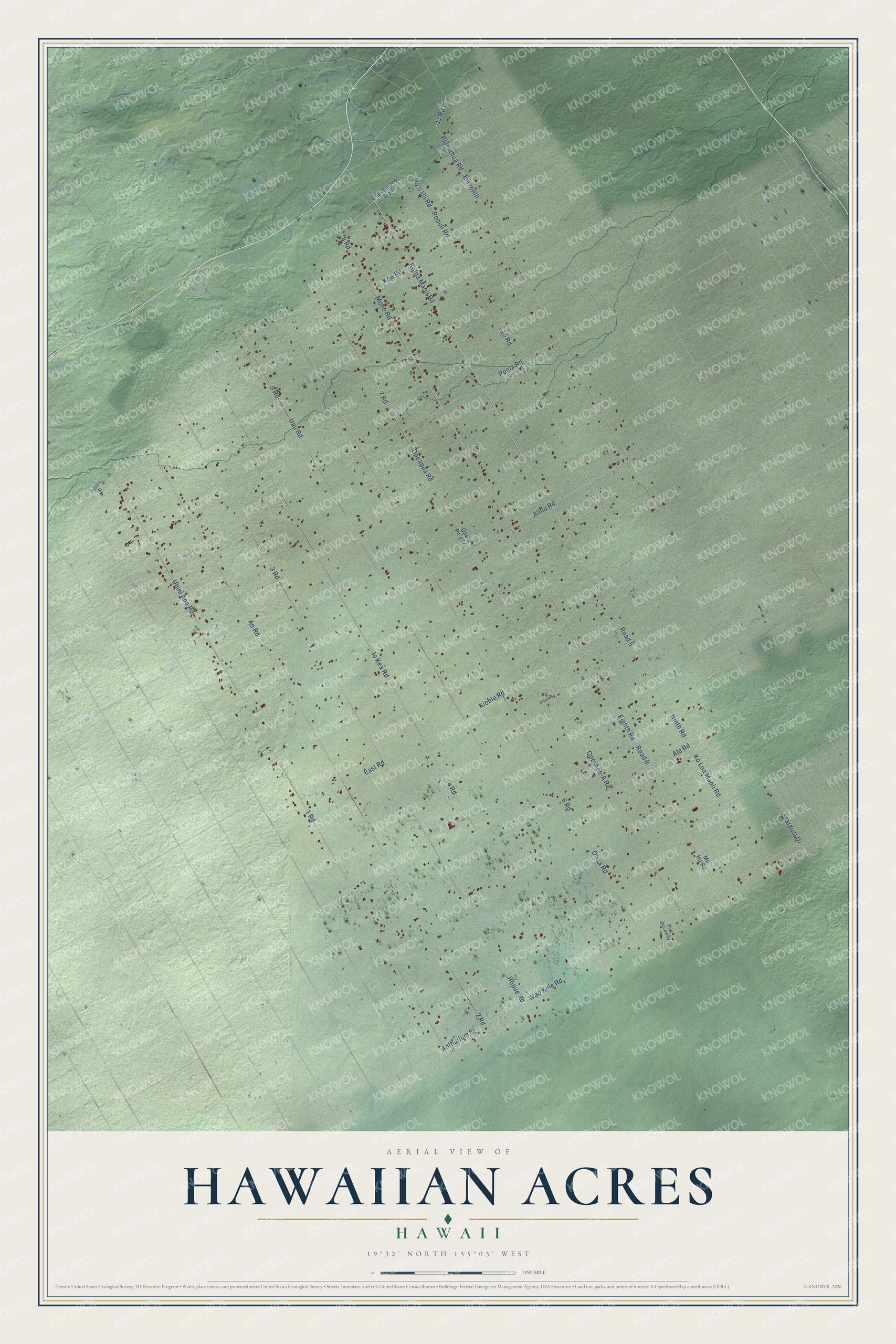 Full map of Hawaiian Acres, Hawaii, with red buildings, printed street names and the land around them