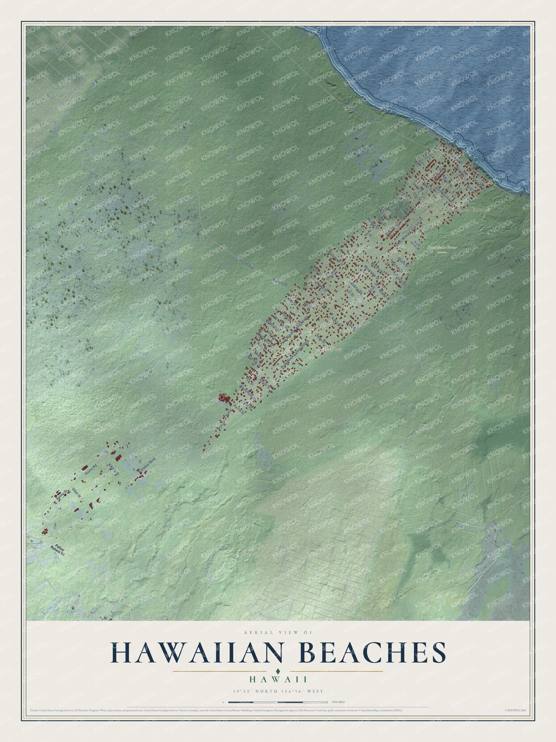 Full map of Hawaiian Beaches, Hawaii, with red buildings, printed street names and the land around them