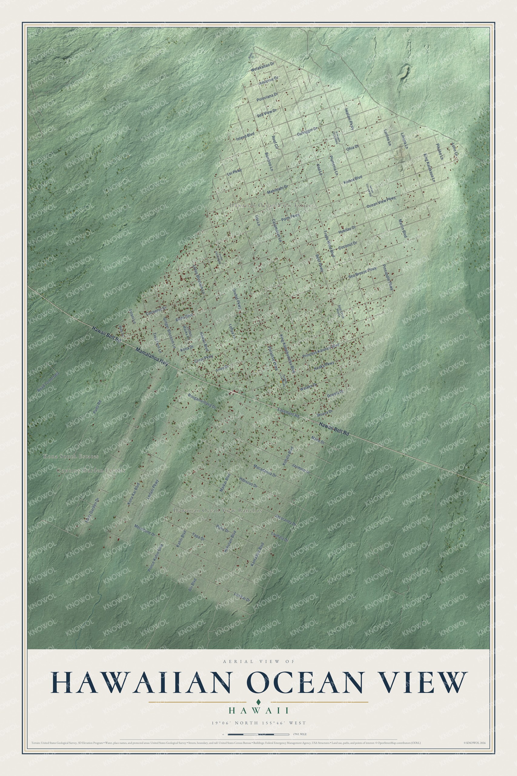 Full map of Hawaiian Ocean View, Hawaii, with red buildings, printed street names and the land around them