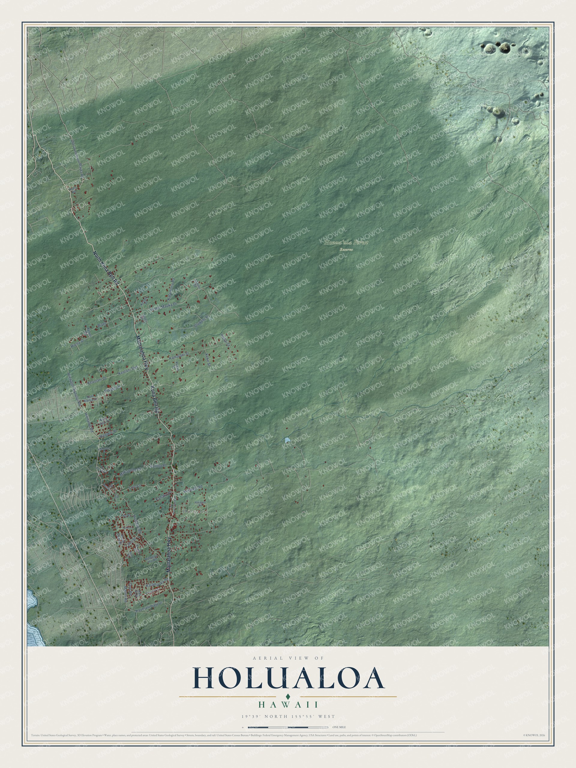 Full map of Holualoa, Hawaii, with red buildings, printed street names and the land around them
