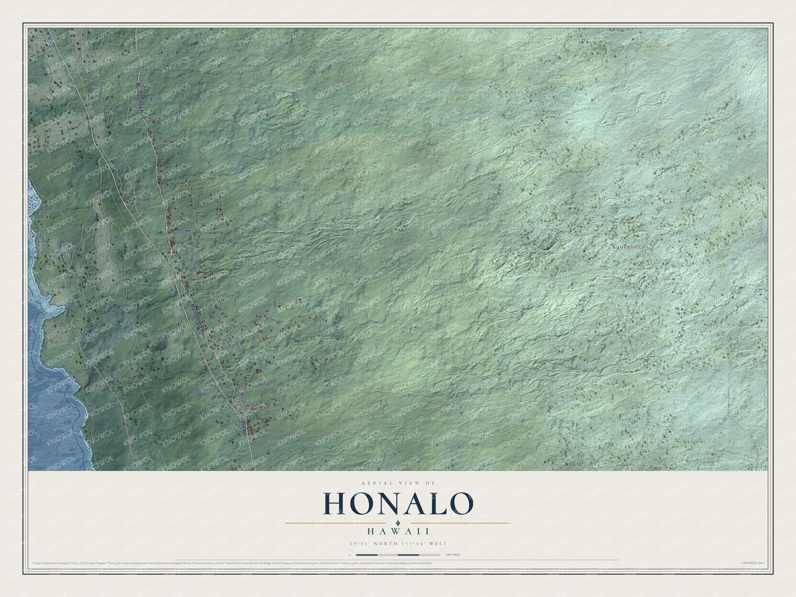 Full map of Honalo, Hawaii, with red buildings, printed street names and the land around them