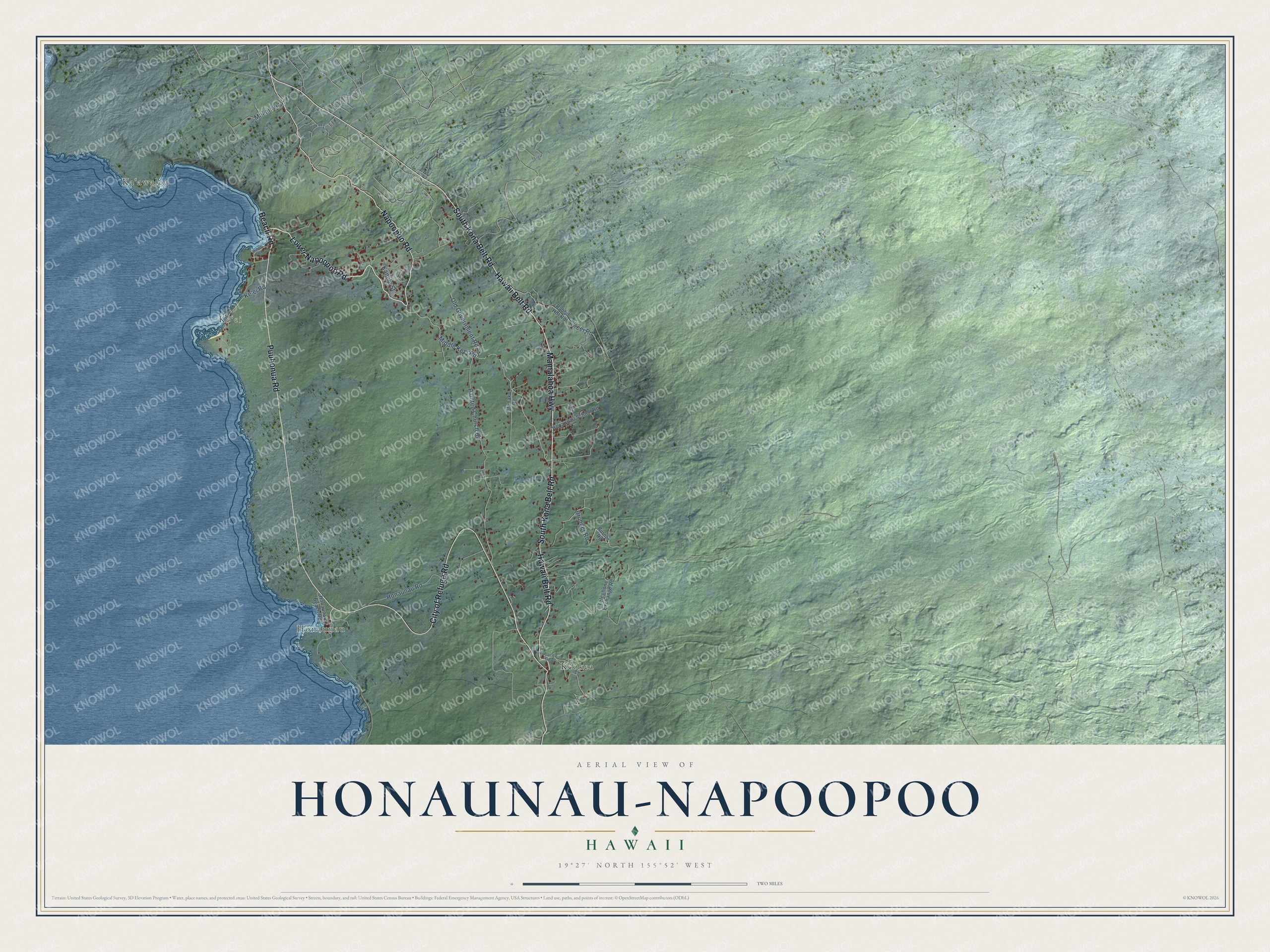 Full map of Honaunau-Napoopoo, Hawaii, with red buildings, printed street names and the land around them