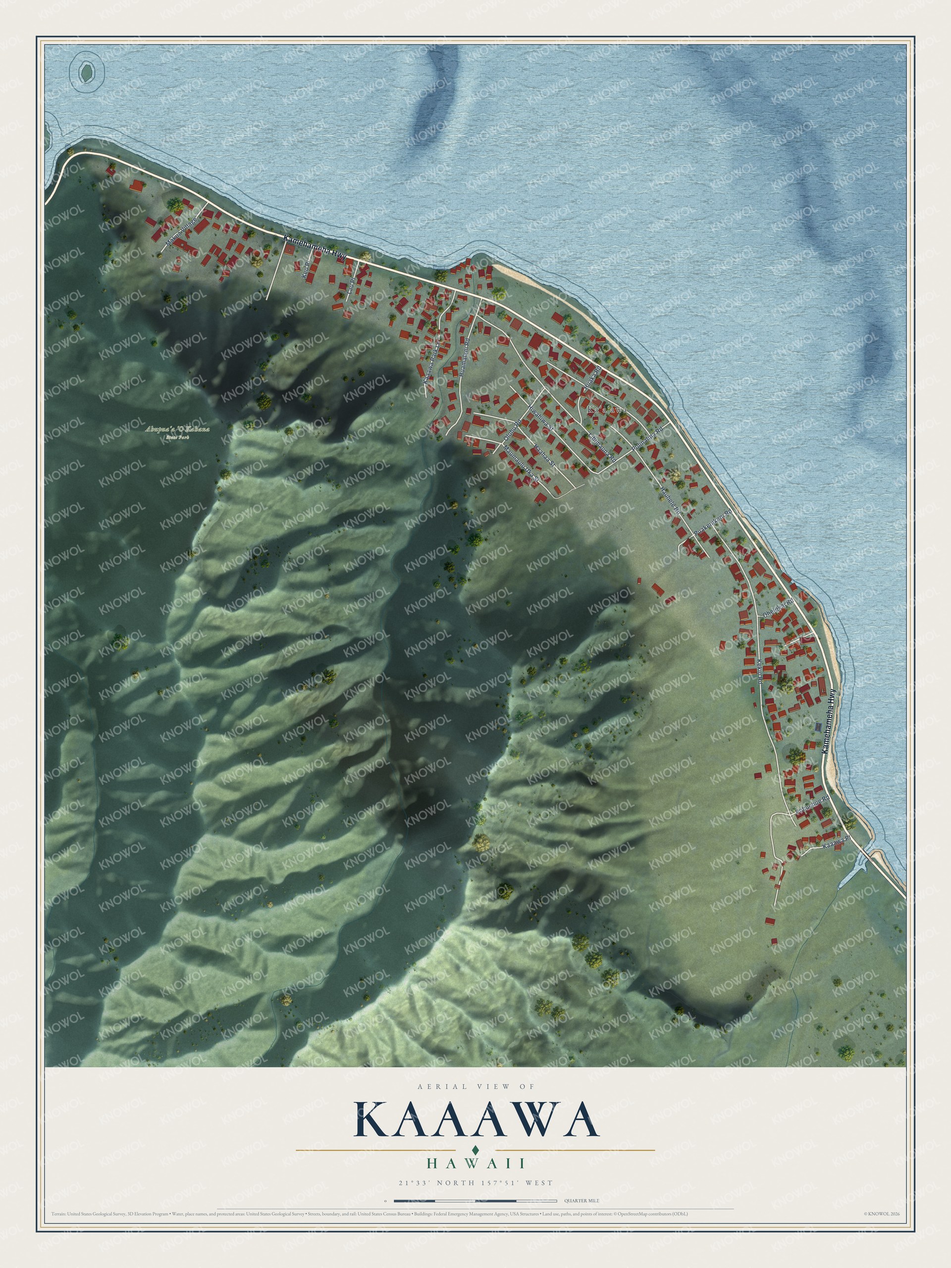 Full map of Kaaawa, Hawaii, with red buildings, printed street names and the land around them