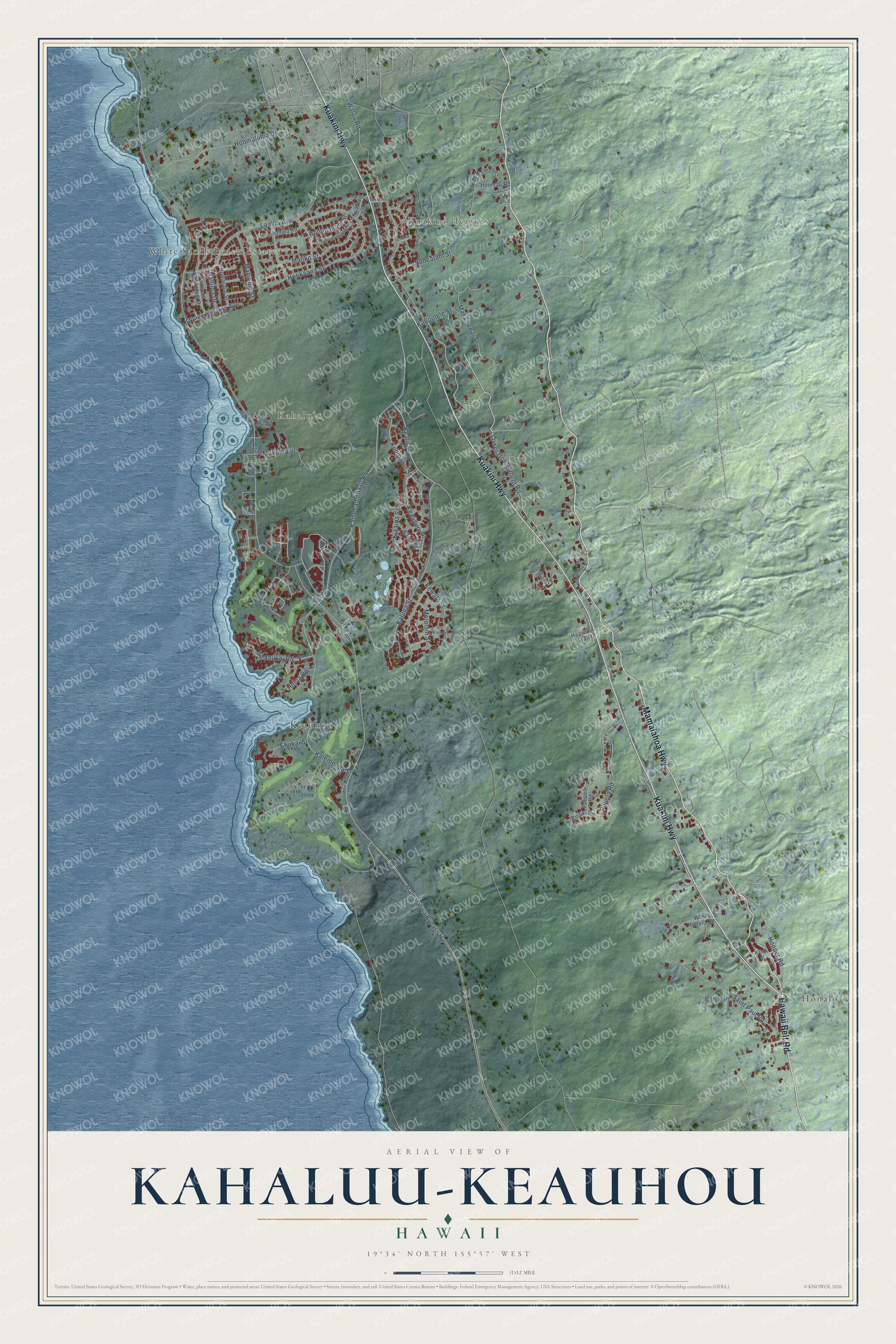 Full map of Kahaluu-Keauhou, Hawaii, with red buildings, printed street names and the land around them