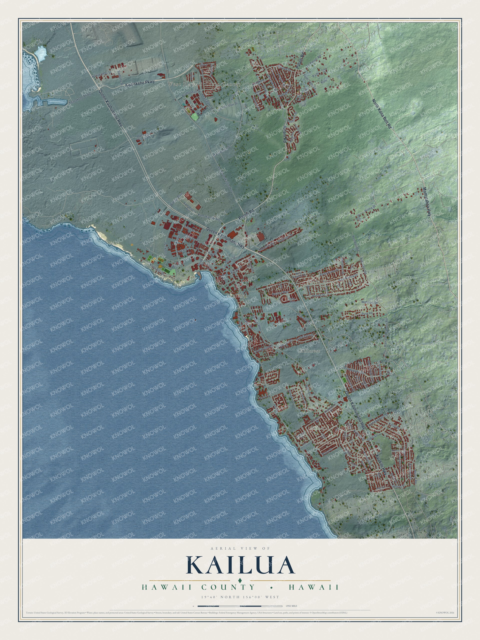 Full map of Kailua, Maui County, Hawaii, with red buildings, printed street names and the land around them