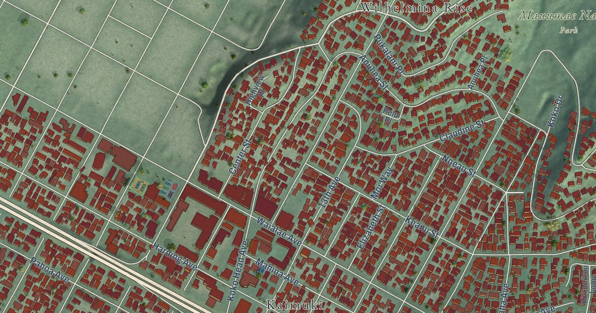 Close-up of streets and buildings in Kaimuki, Hawaii