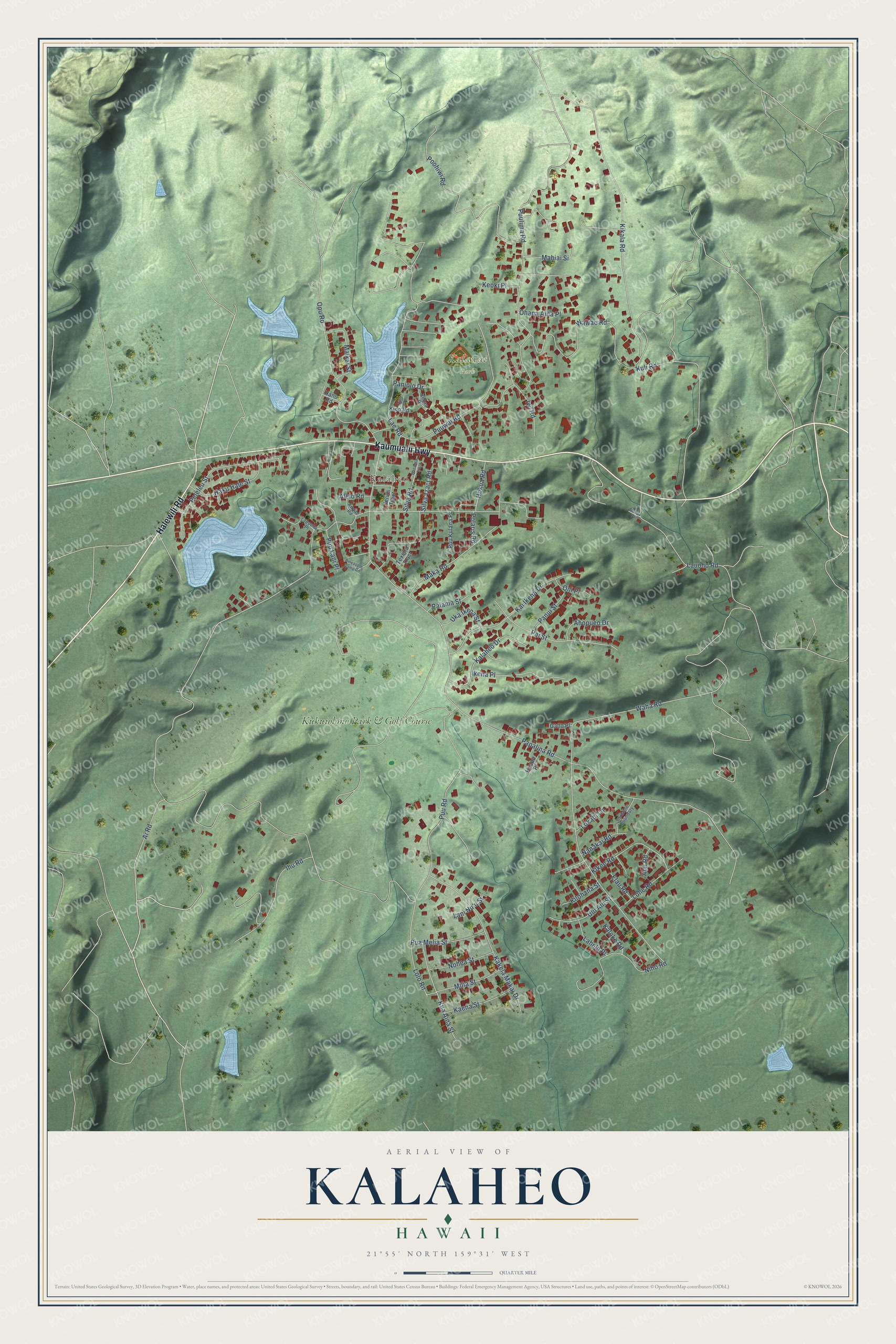 Full map of Kalaheo, Hawaii, with red buildings, printed street names and the land around them