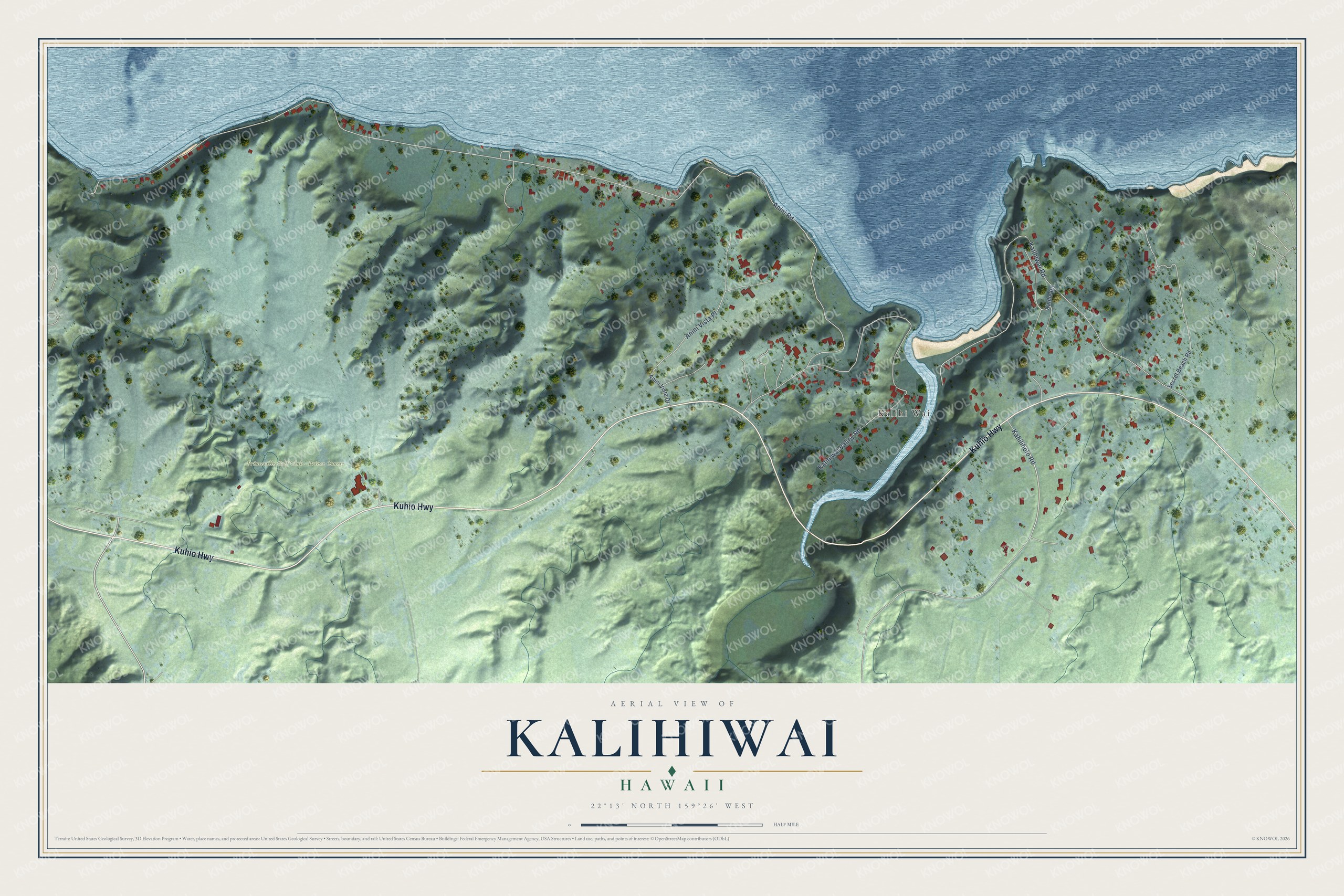 Watermarked full-map preview of Kalihiwai, Hawaii