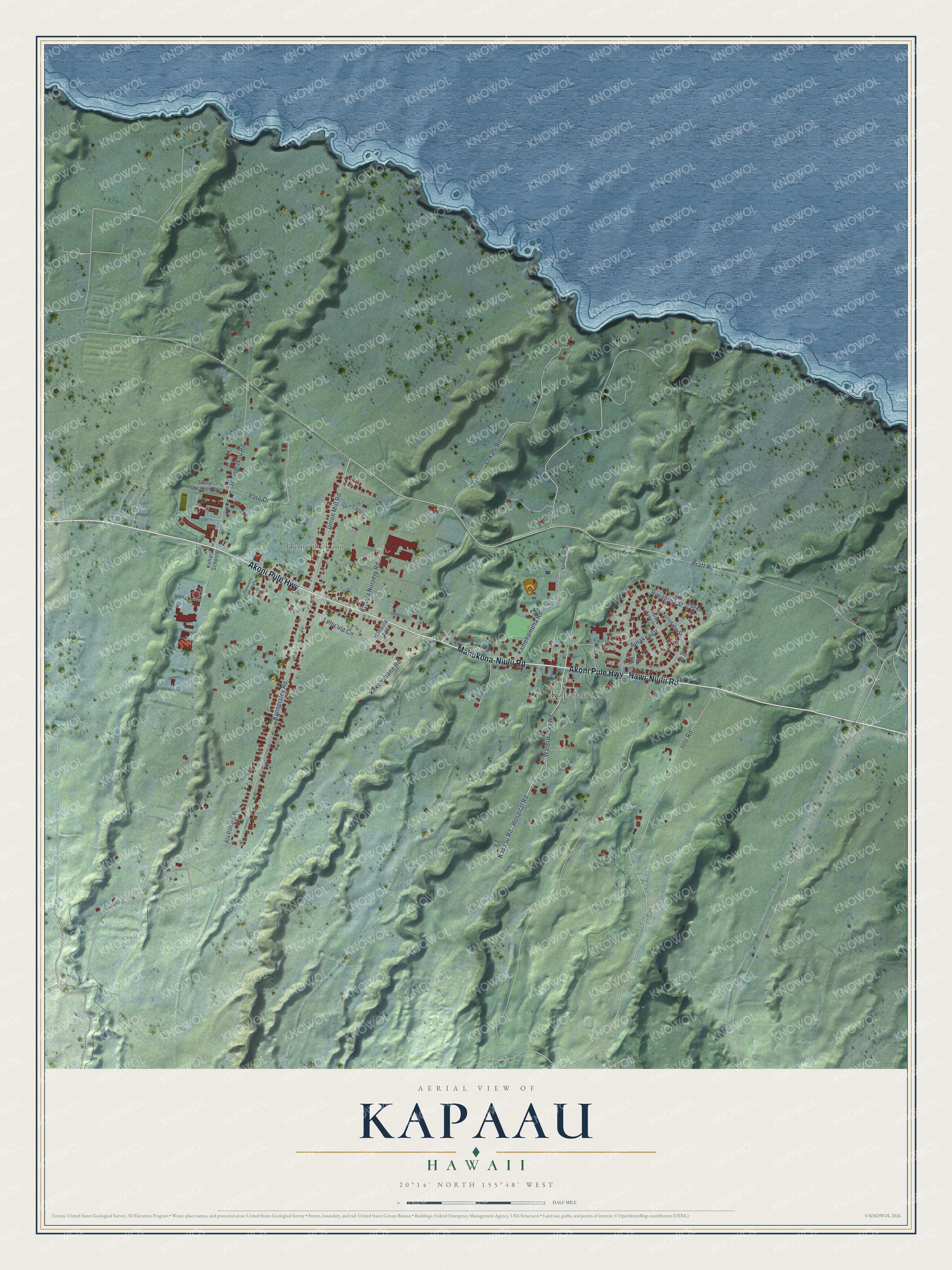 Full map of Kapaau, Hawaii, with red buildings, printed street names and the land around them