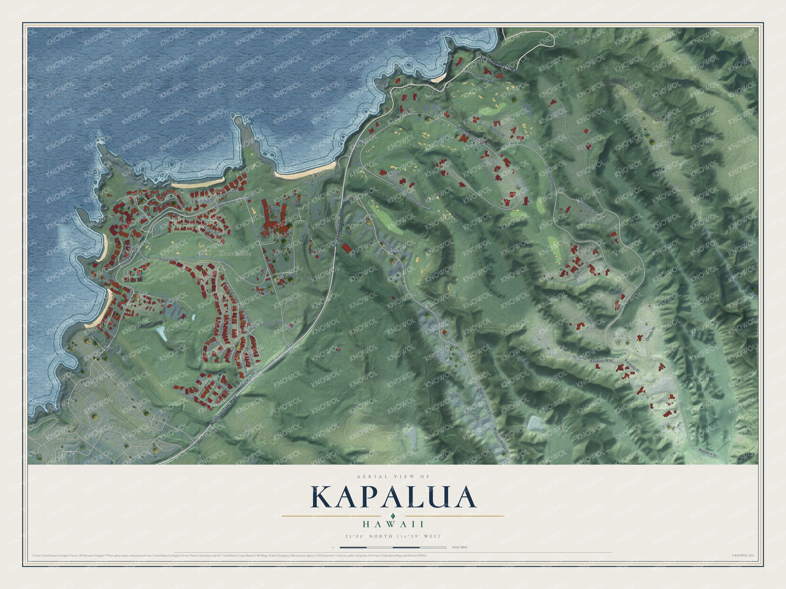 Full map of Kapalua, Hawaii, with red buildings, printed street names and the land around them