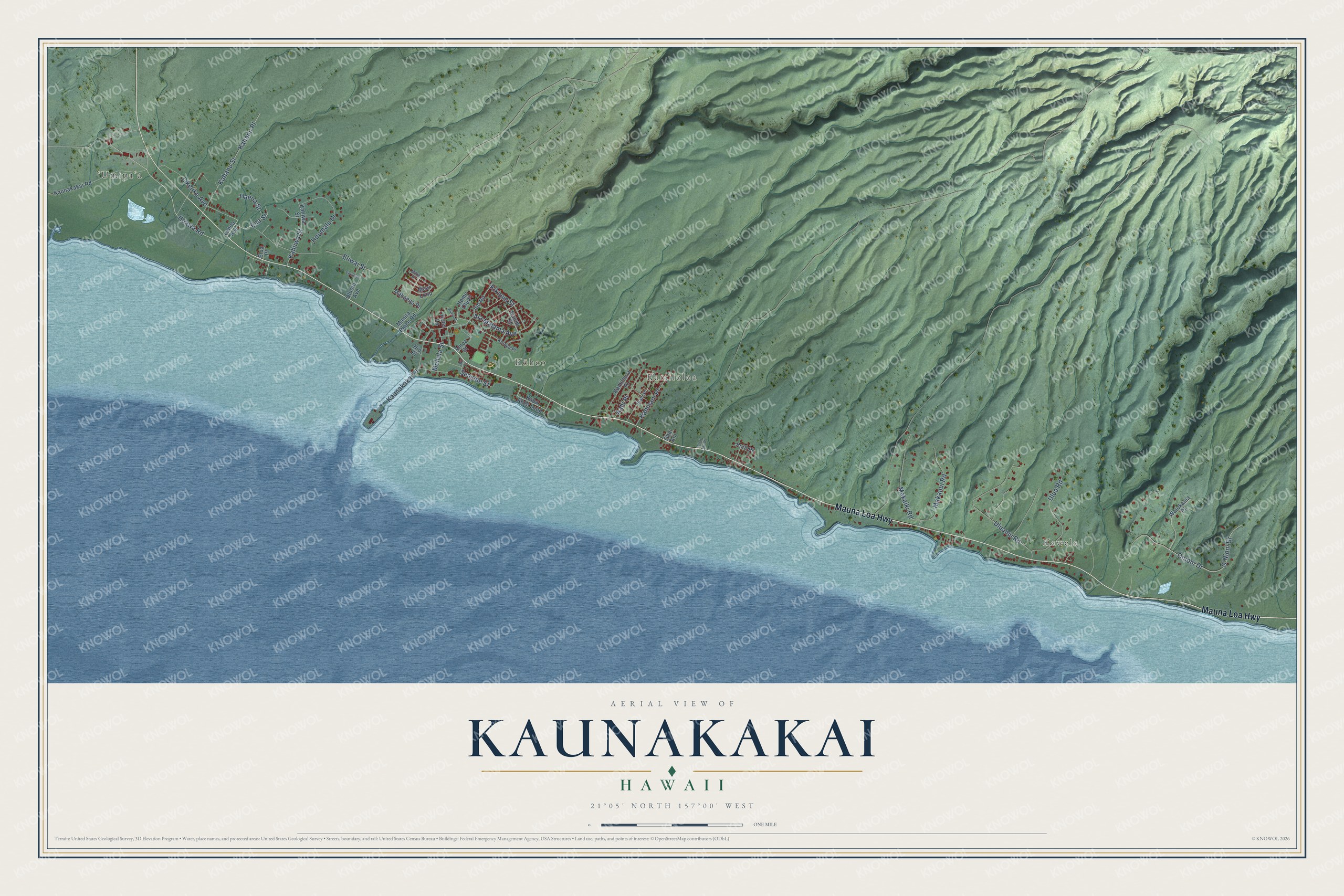 Full map of Kaunakakai, Hawaii, with red buildings, printed street names and the land around them