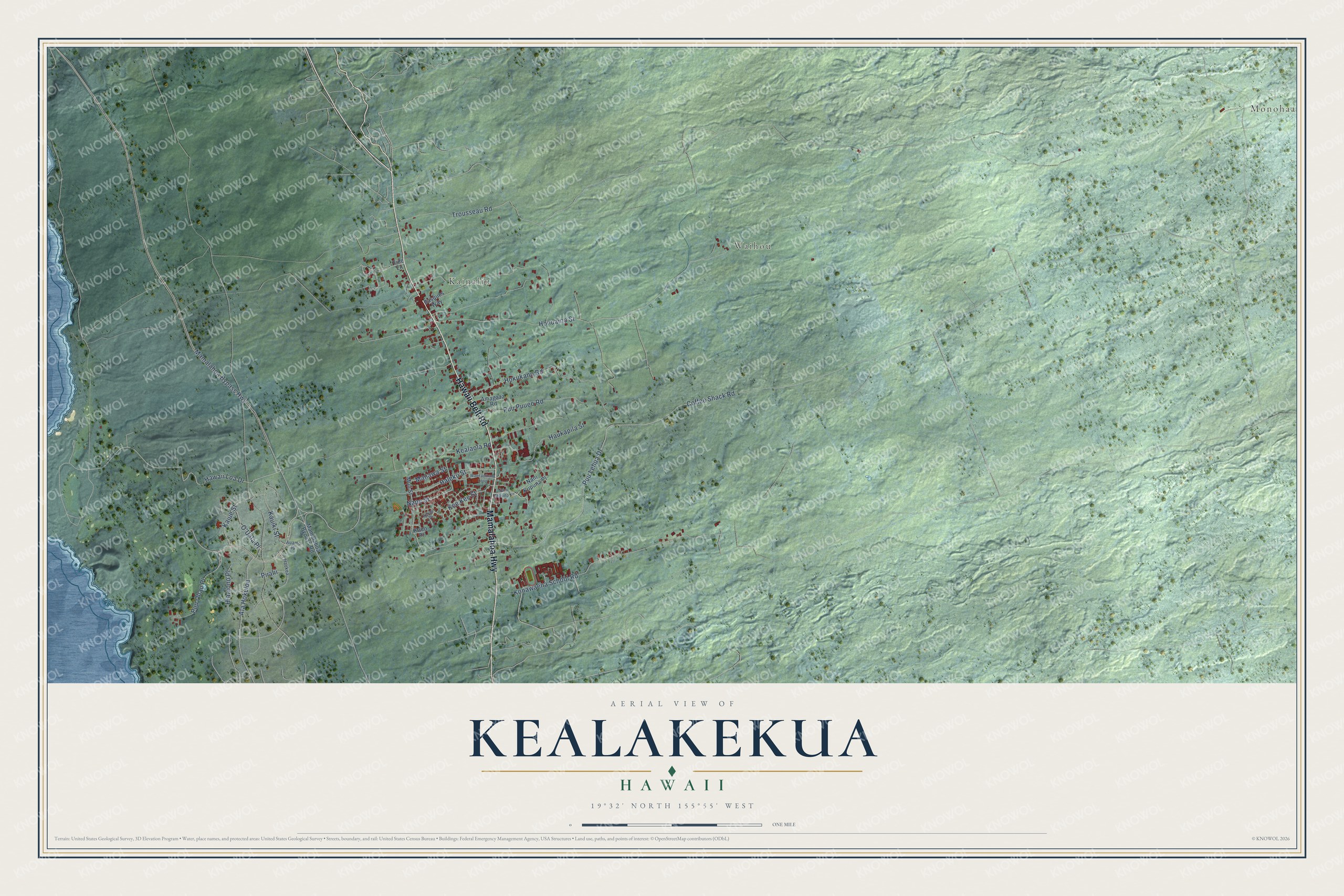Full map of Kealakekua, Hawaii, with red buildings, printed street names and the land around them