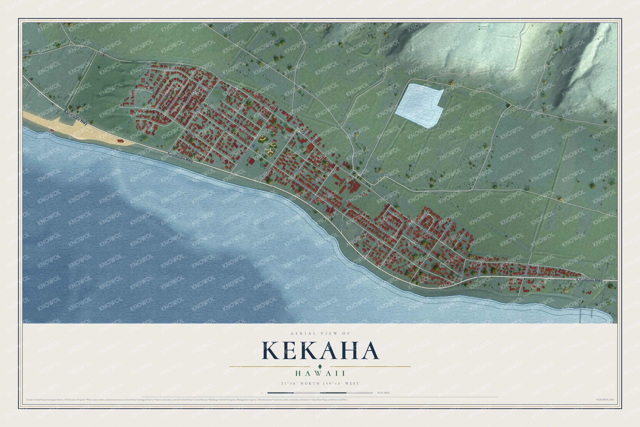 Full map of Kekaha, Hawaii, with red buildings, printed street names and the land around them