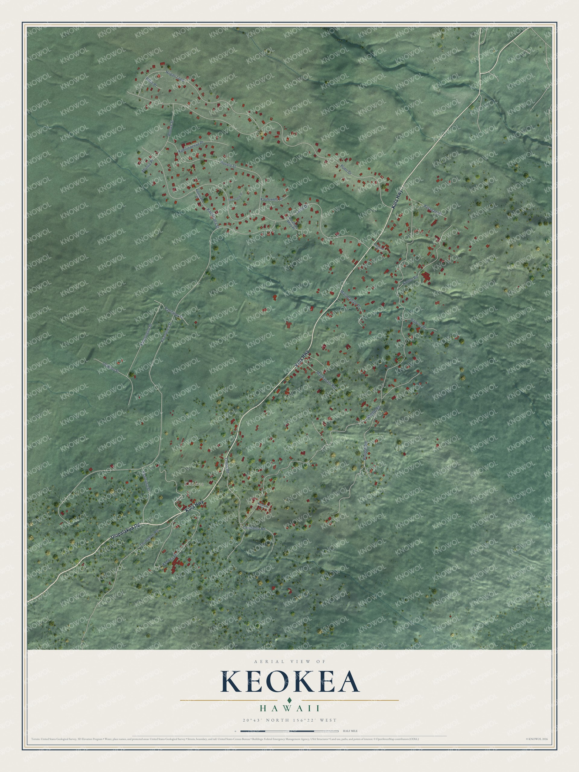 Full map of Keokea, Hawaii, with red buildings, printed street names and the land around them
