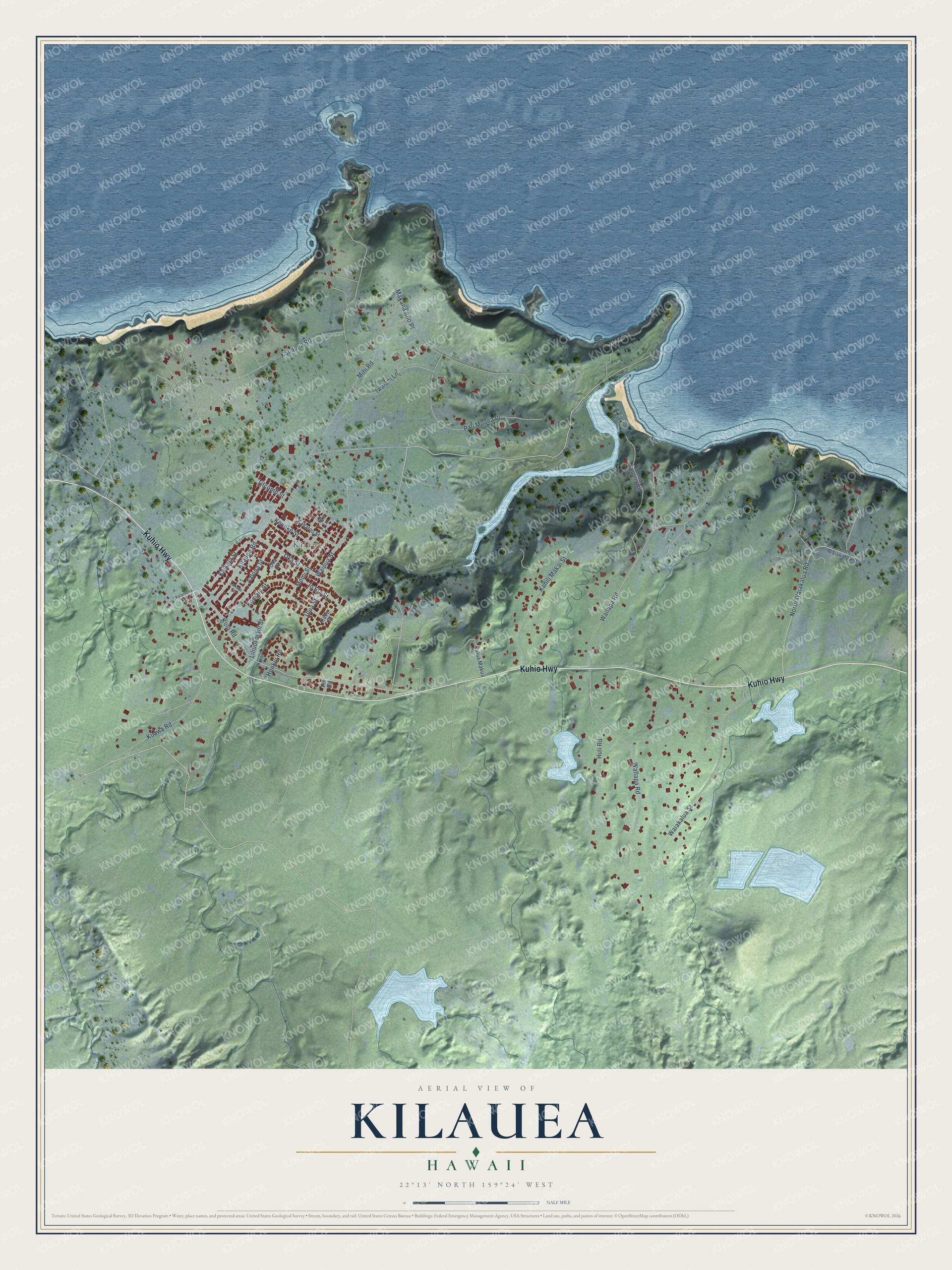 Full map of Kilauea, Hawaii, with red buildings, printed street names and the land around them